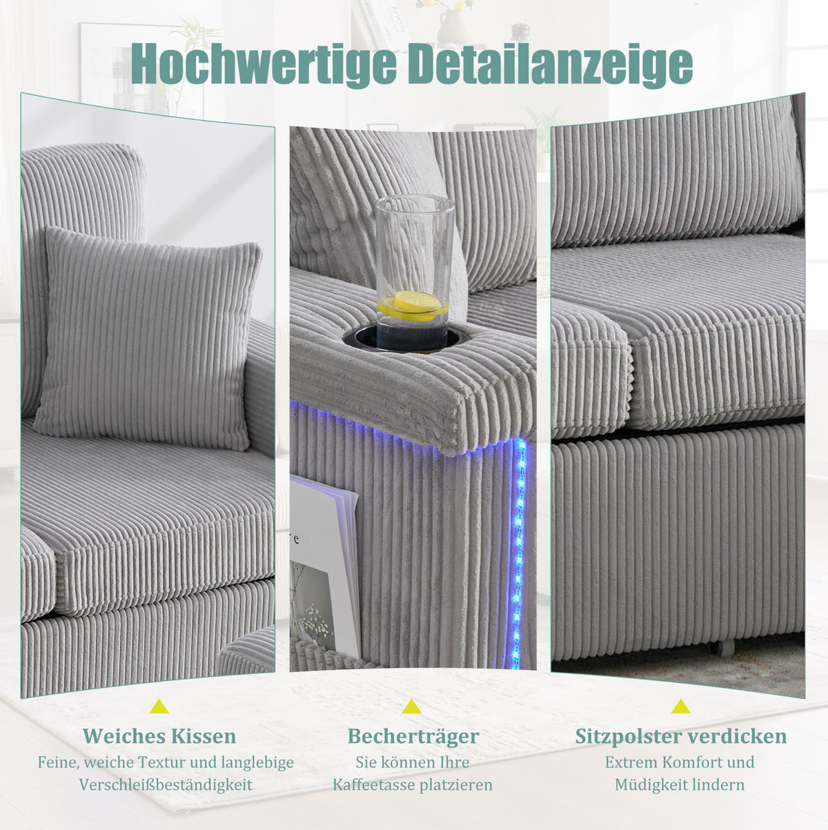 MODULARES Sofa Corduroy mit LED und USB-Anschluss Stauraum und Taschen 194/73/81 cm Hellgrau - Hellgrau, Textil (73/194cm) - Redom