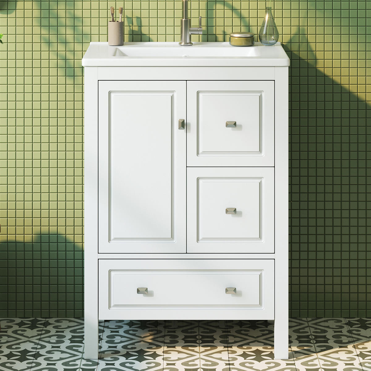 WASCHTISCH Freistehend mit Keramikbecken & 3 Schubladen 62cm - Weiß, Holzwerkstoff (62/90/47cm) - Urban Meuble