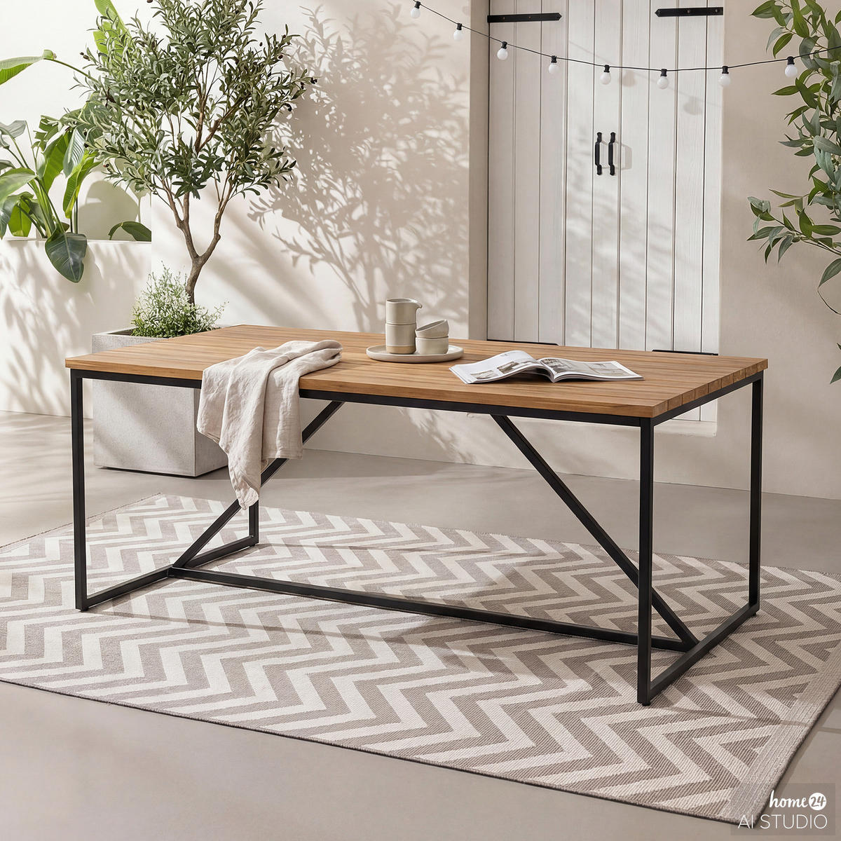 GARTENTISCH - Akazie massiv / Stahl - Braun / Schwarz - Schwarz/Braun, Holz/Metall (90/180/74cm) - home24