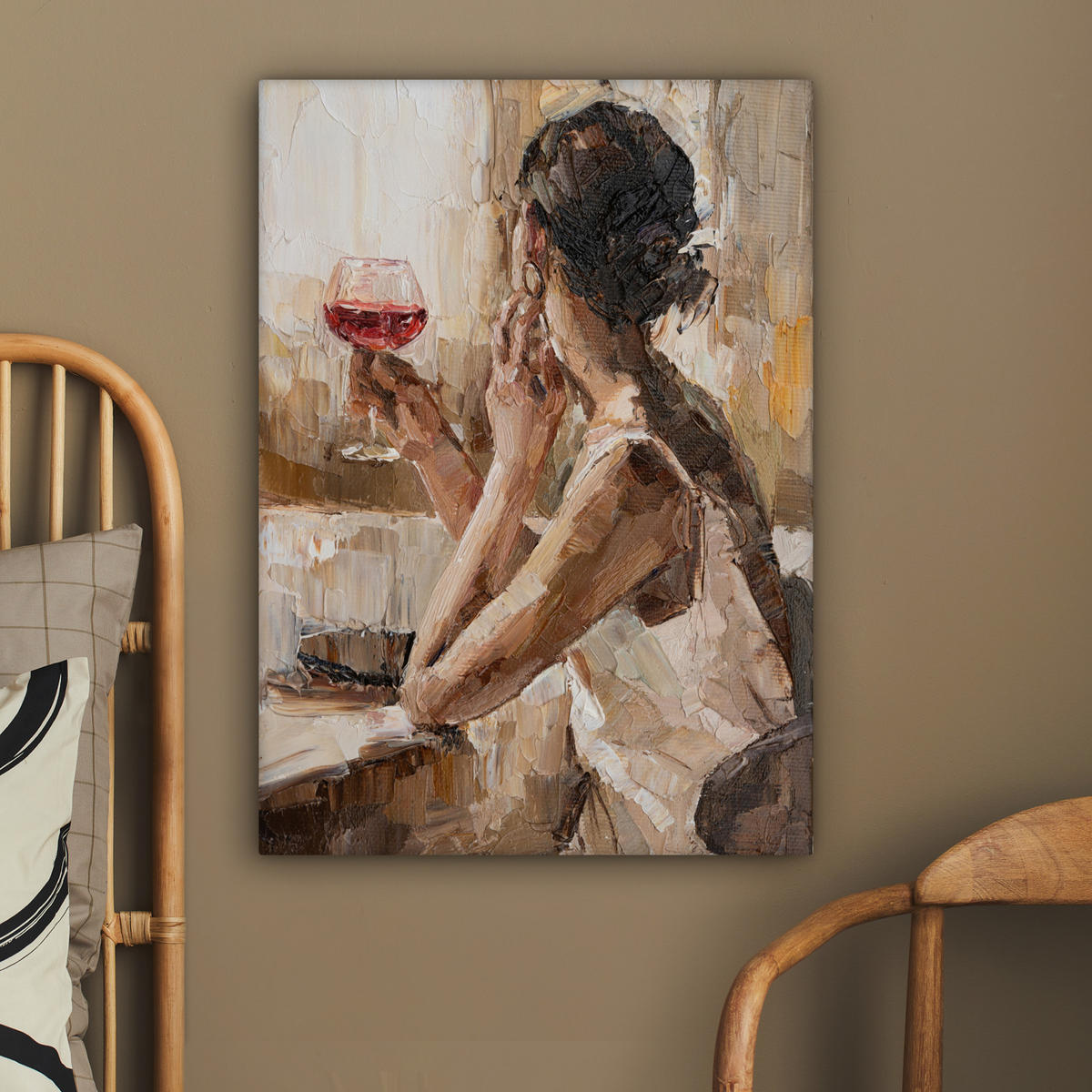 LEINWANDBILD Ölgemälde - Frau - Wein 60x80 cm - Hellbraun, Textil (60/80cm) - MuchoWow
