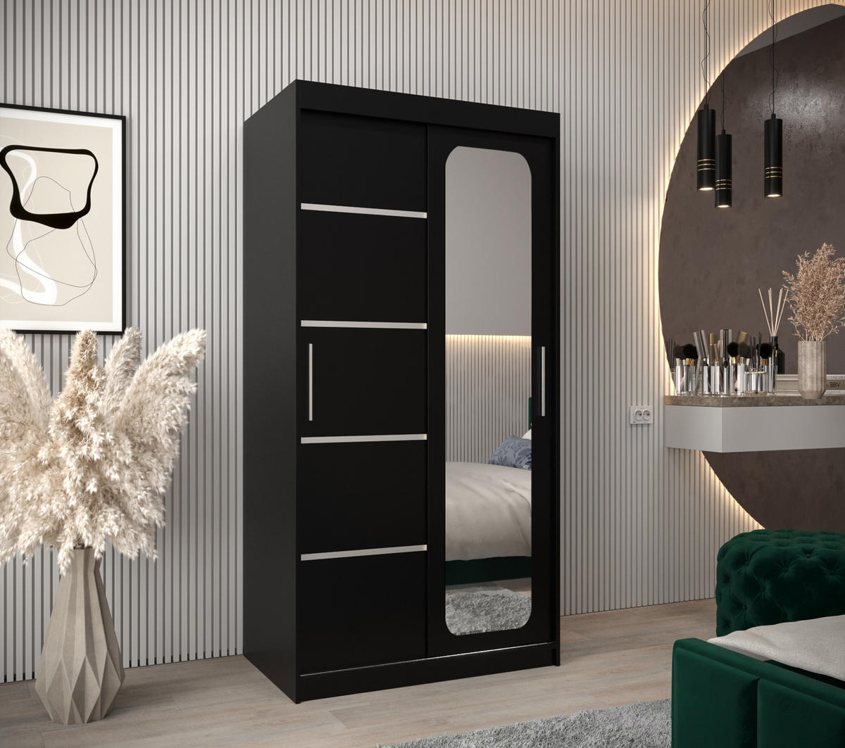 SCHWEBETÜRENSCHRANK 200/100/62 2-türig - Silberfarben/Schwarz, Holz/Kunststoff (100/200/62cm) - MÖBEL KRYSPOL