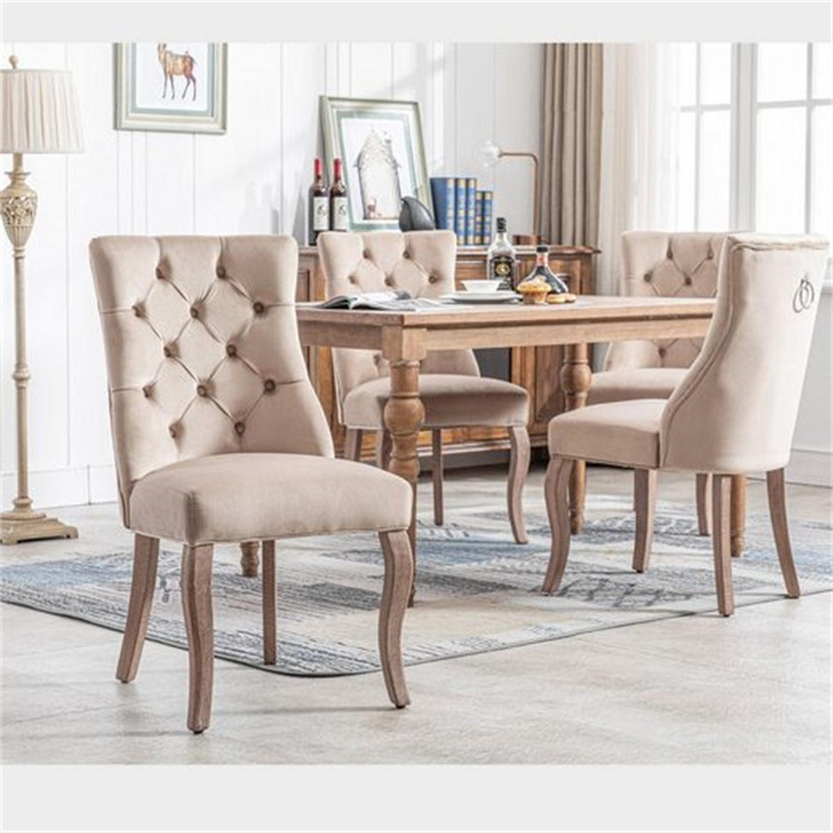 STUHL-SET 4 Stück in Beige Samt - Beige, Holz/Fell (47/97/51cm) - KOMHTOM