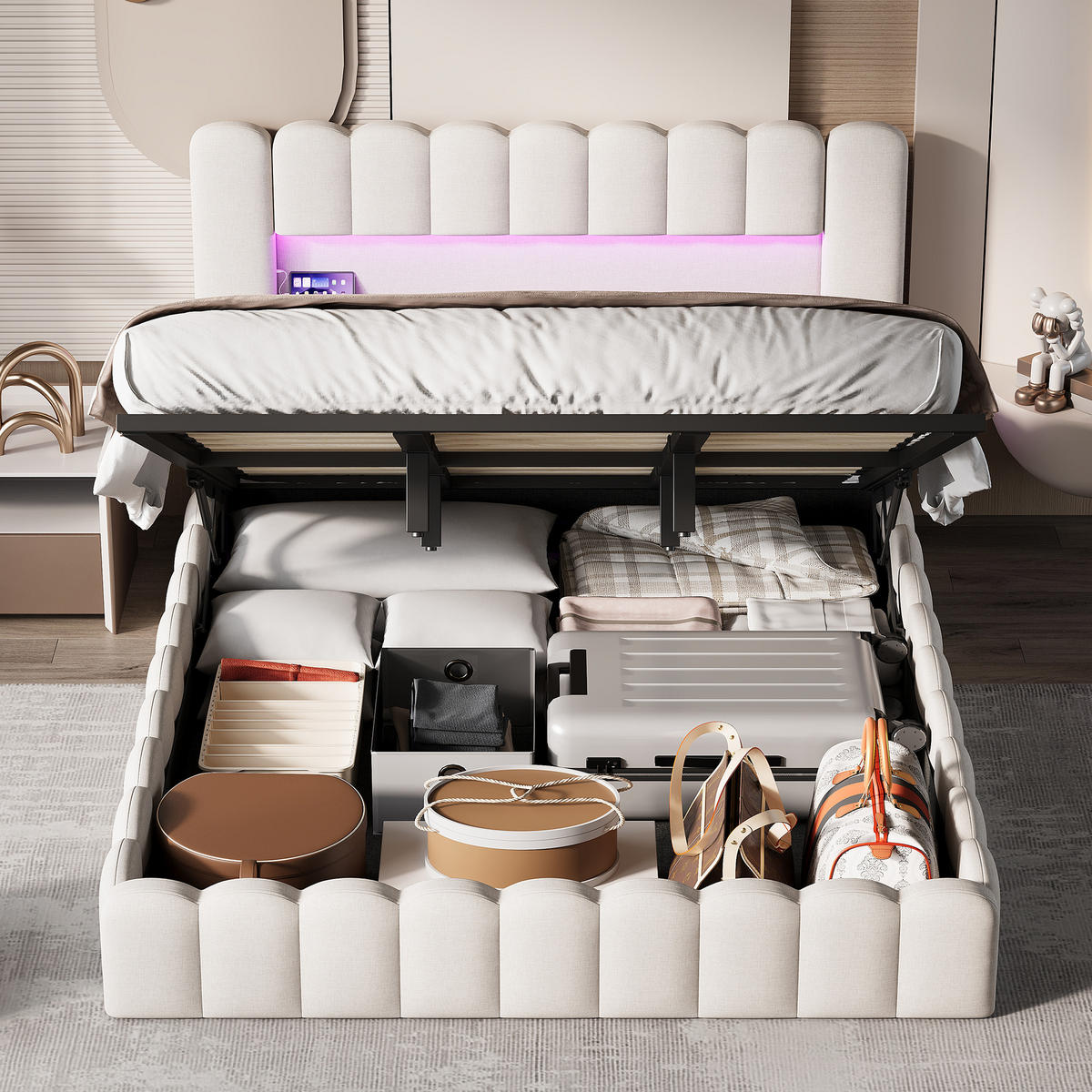 STAURAUMBETT 180x200 cm Doppelbett, mit USB-Anschluss und LED-Beleuchtung, Leinenstoff in Beige - Beige, Holz (180/200cm) - BRILVERDE