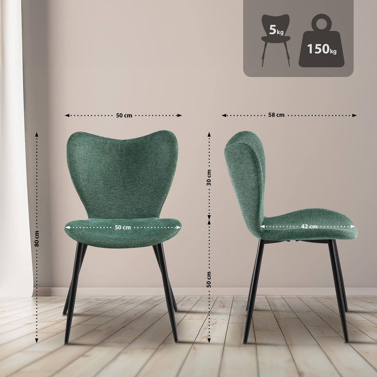 ESSZIMMERSTUHL Stoff Grün - Schwarz/Grün, Textil/Metall (50/80/58cm) - CLP