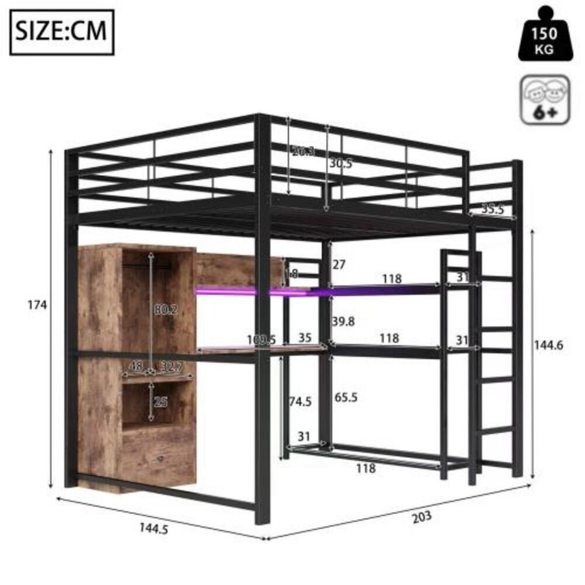 HOCHBETT 140 × 200 cm aus Metall und MDF mit Schreibtisch, Stauraumschublade und 16-Farben-LED-Leiste, schwarz - Schwarz, Holzwerkstoff - Luhomfu