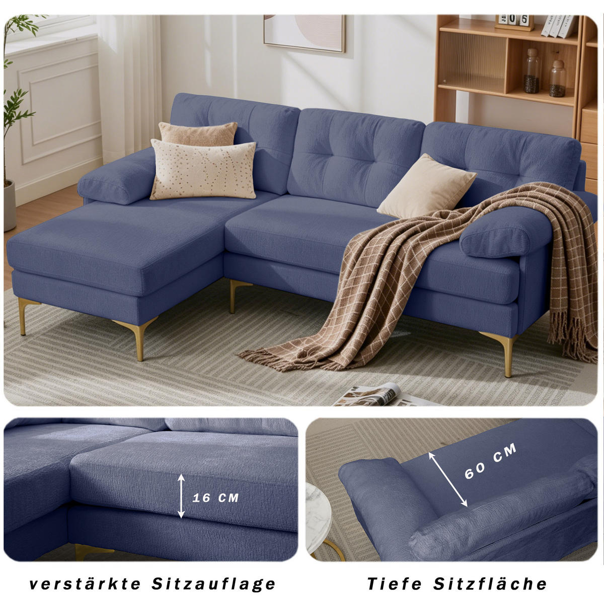 ECKSOFA 187,5/130/79 cm blau aus Holz mit Chenille - Blau, Holz (130/187.5cm) - OKWISH