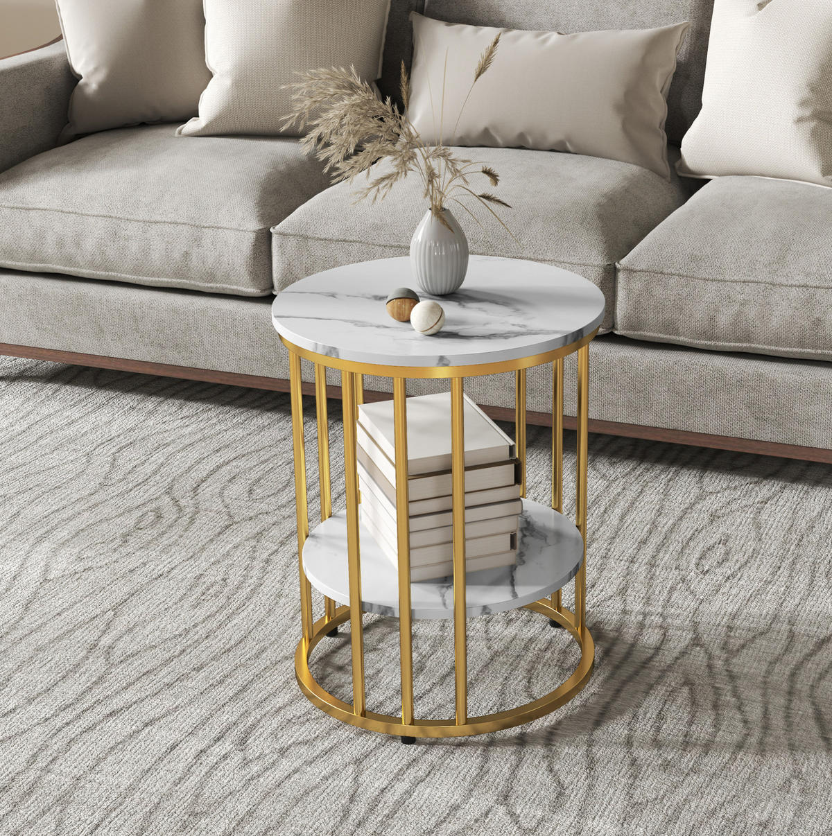 COUCHTISCH 2er Set rund in Weiß mit Ablage und Marmoroptik,45/45/55 cm - Weiß, Holz (45/45/55cm) - Flora Grace