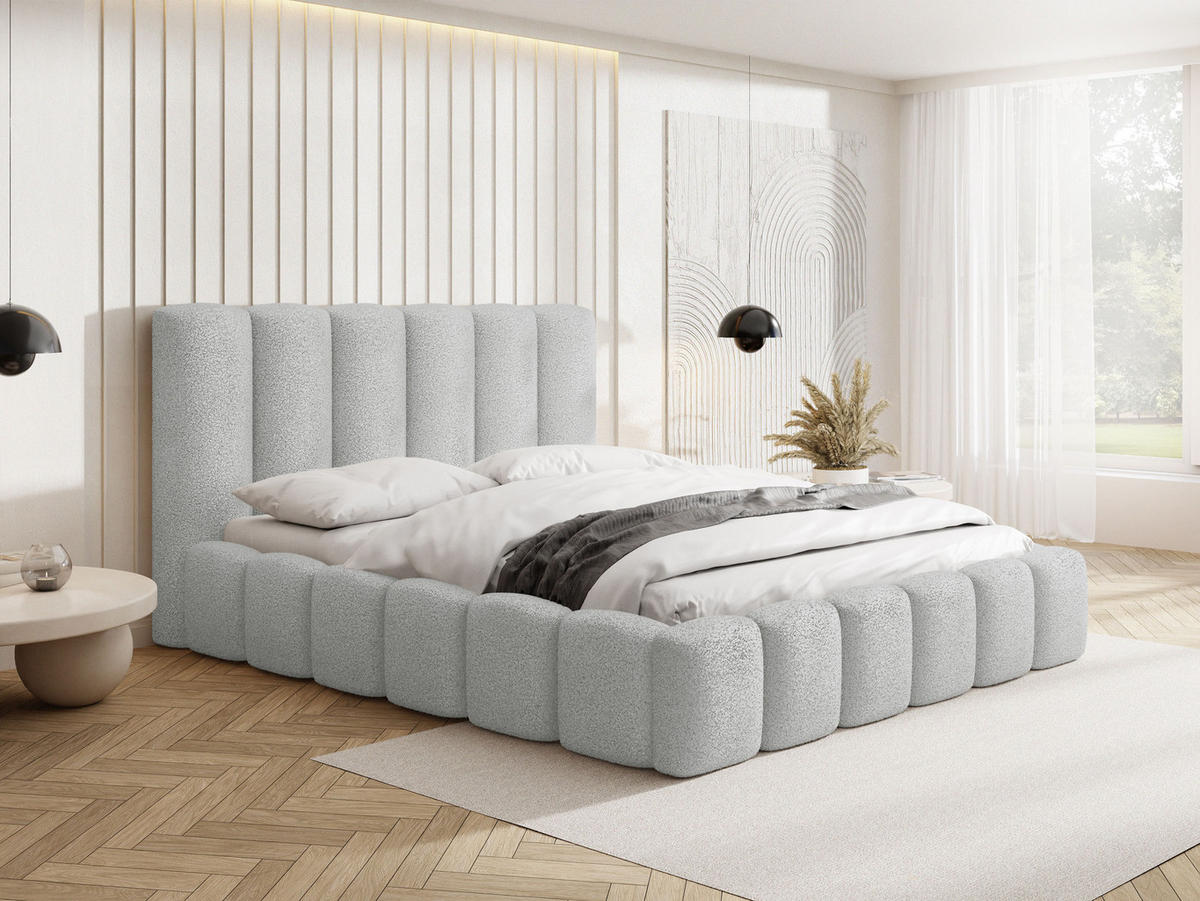 POLSTERBETT Serenity mit Bettkasten, Grau Boucle 120x200 cm - Birkefarben/Hellgrau, Holzwerkstoff/Kunststoff (120/200cm) - WFL GROUP