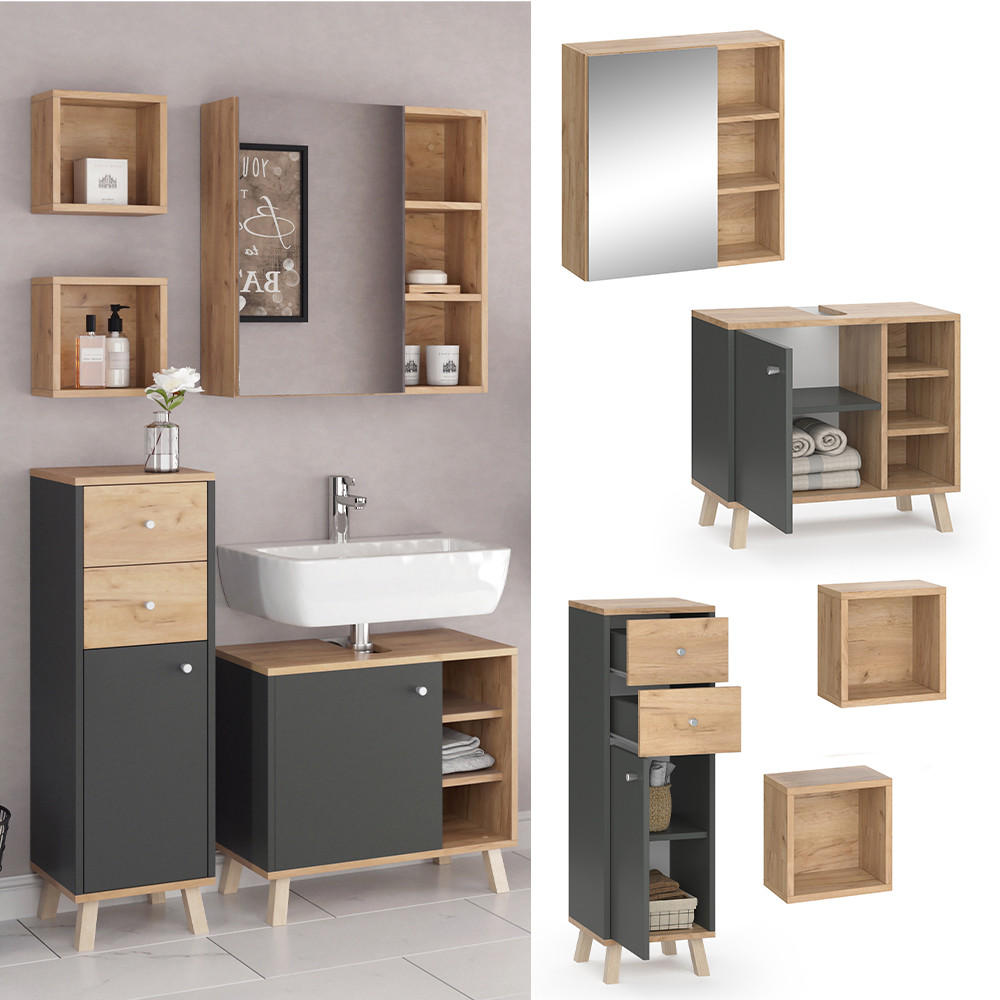 BADMÖBEL-SET Senyo Anthrazit 4 Teile - Anthrazit/Eiche Wotan, Holzwerkstoff (62/54/32cm) - Vicco