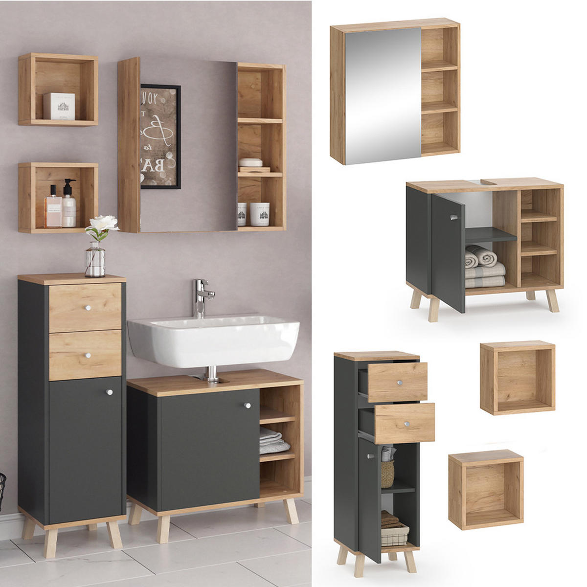 BADMÖBEL-SET Senyo Anthrazit 4 Teile - Honigeiche/Anthrazit, Holzwerkstoff (62/54/32cm) - Vicco