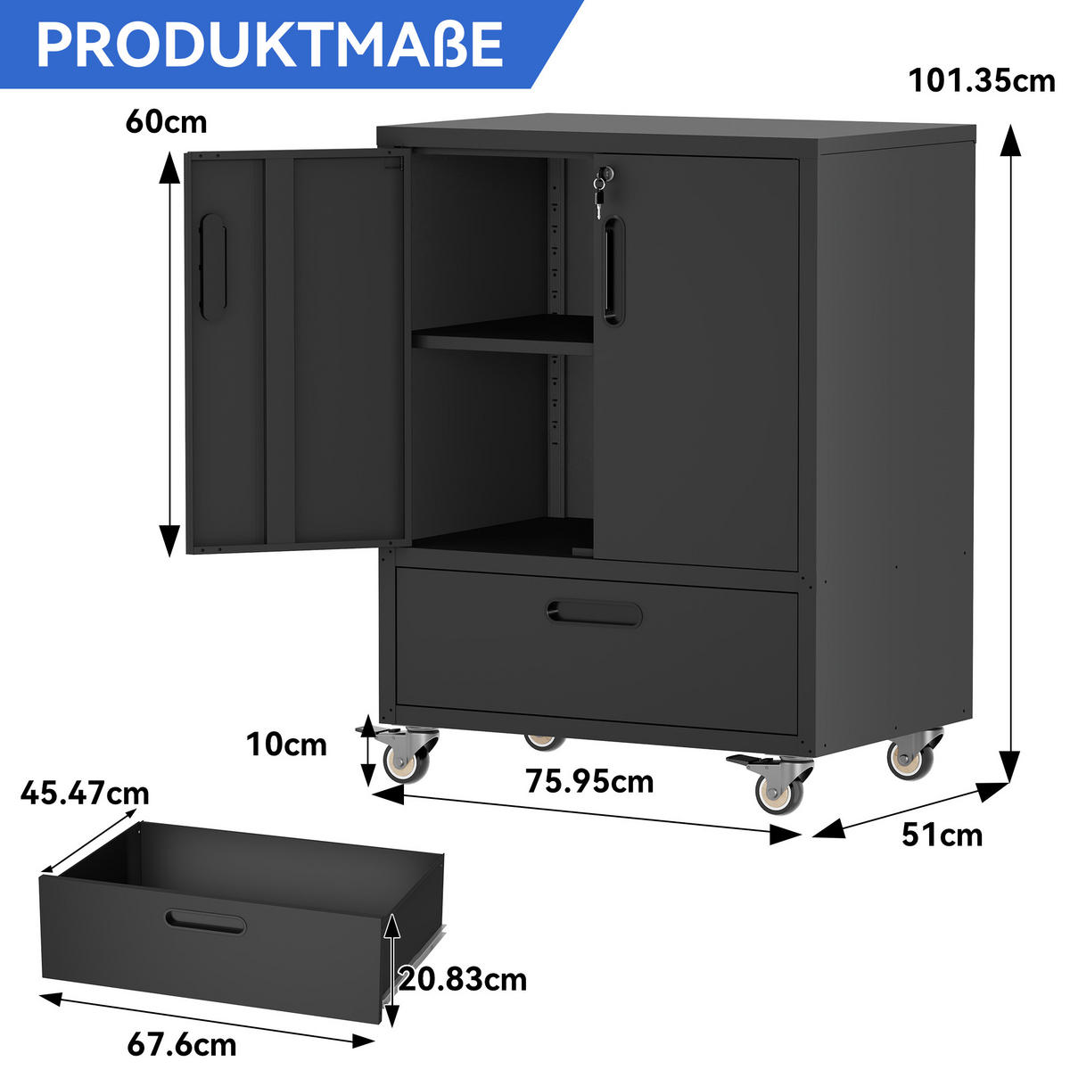 WERKZEUGSCHRANK Metall mit Rollen 101,5x76x51 cm – Heavy Duty, großer Stauraum, Werkstattwagen für Garage, Büro & Haushalt, Schwarz/Grau - Schwarz, Metall (76/51/101.5cm) - Ej. Life