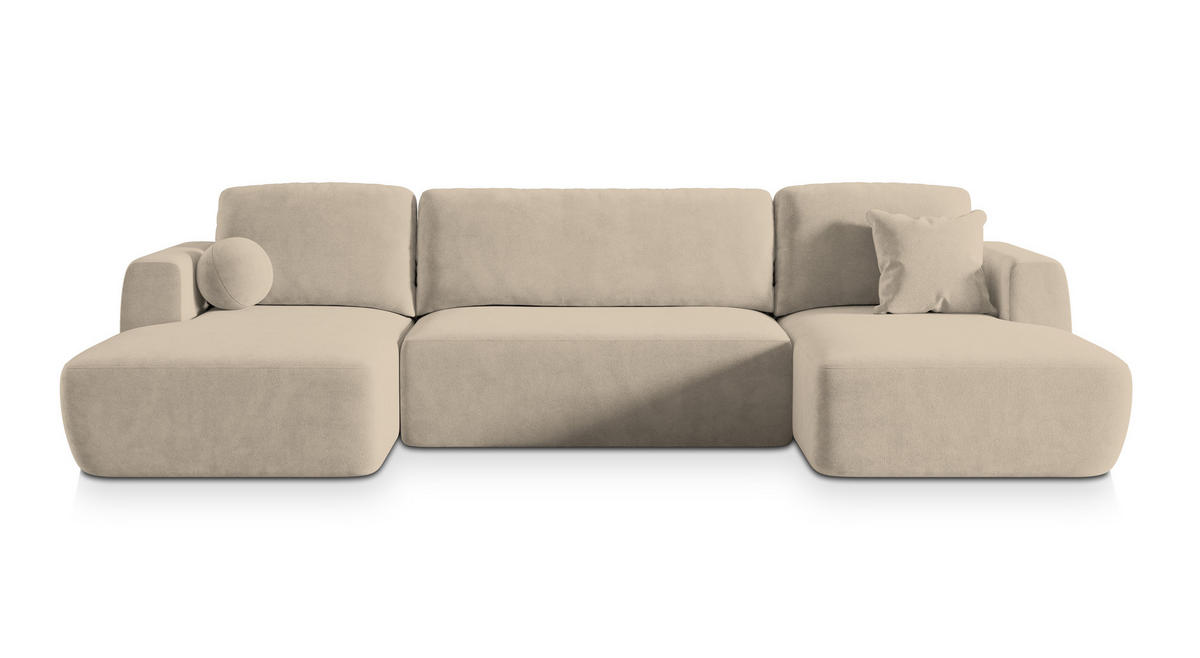 WOHNLANDSCHAFT SENTUM K Beige Plüsch-Stoff mit Schlaffunktion - Beige, Holz (330/90/148cm) - MASSENO