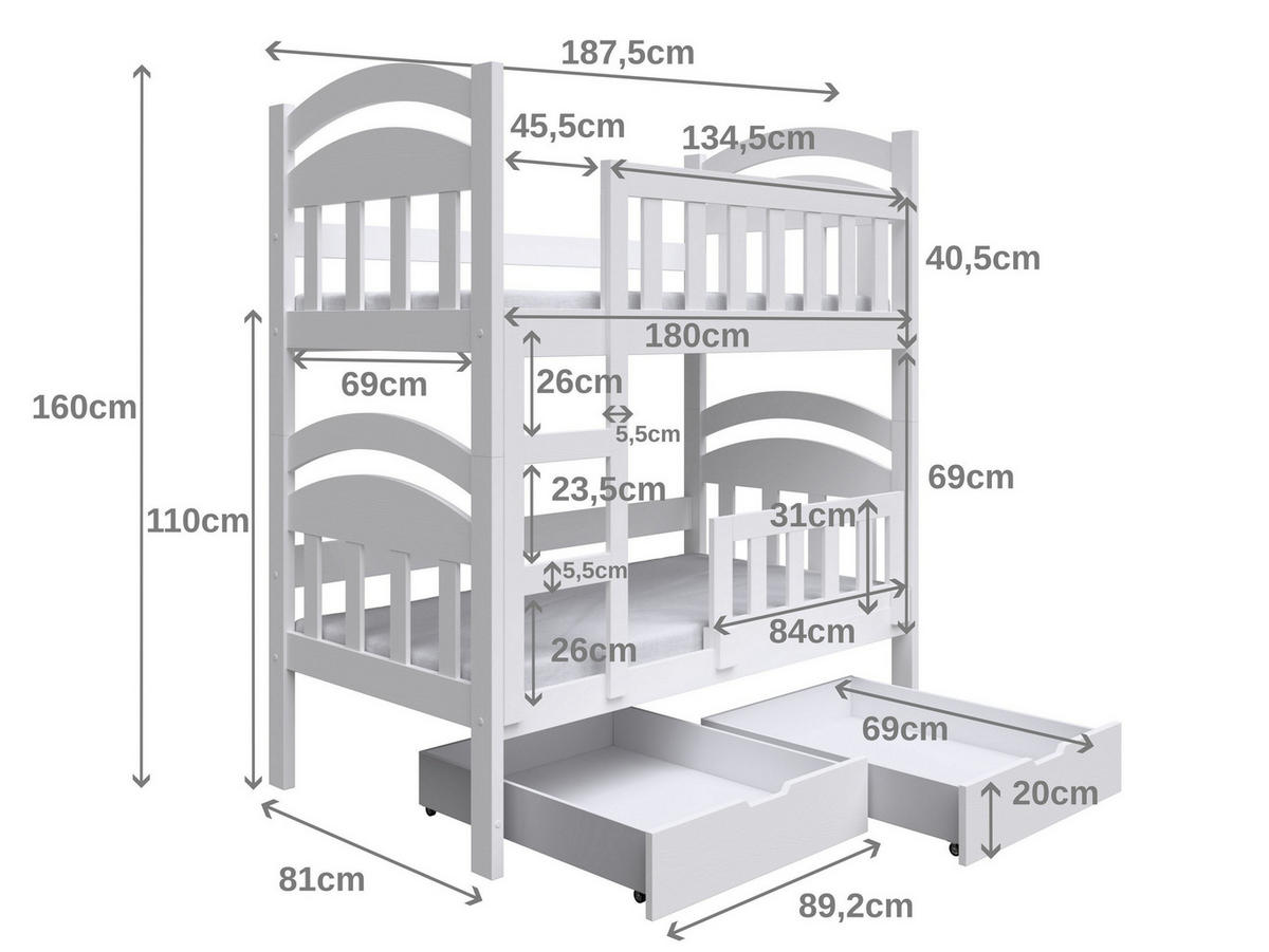 VYSOKÁ Postel DUMBO 75x180 s úložným prostorem, Bílá - bílá, dřevo (75/180cm) - MASSENO