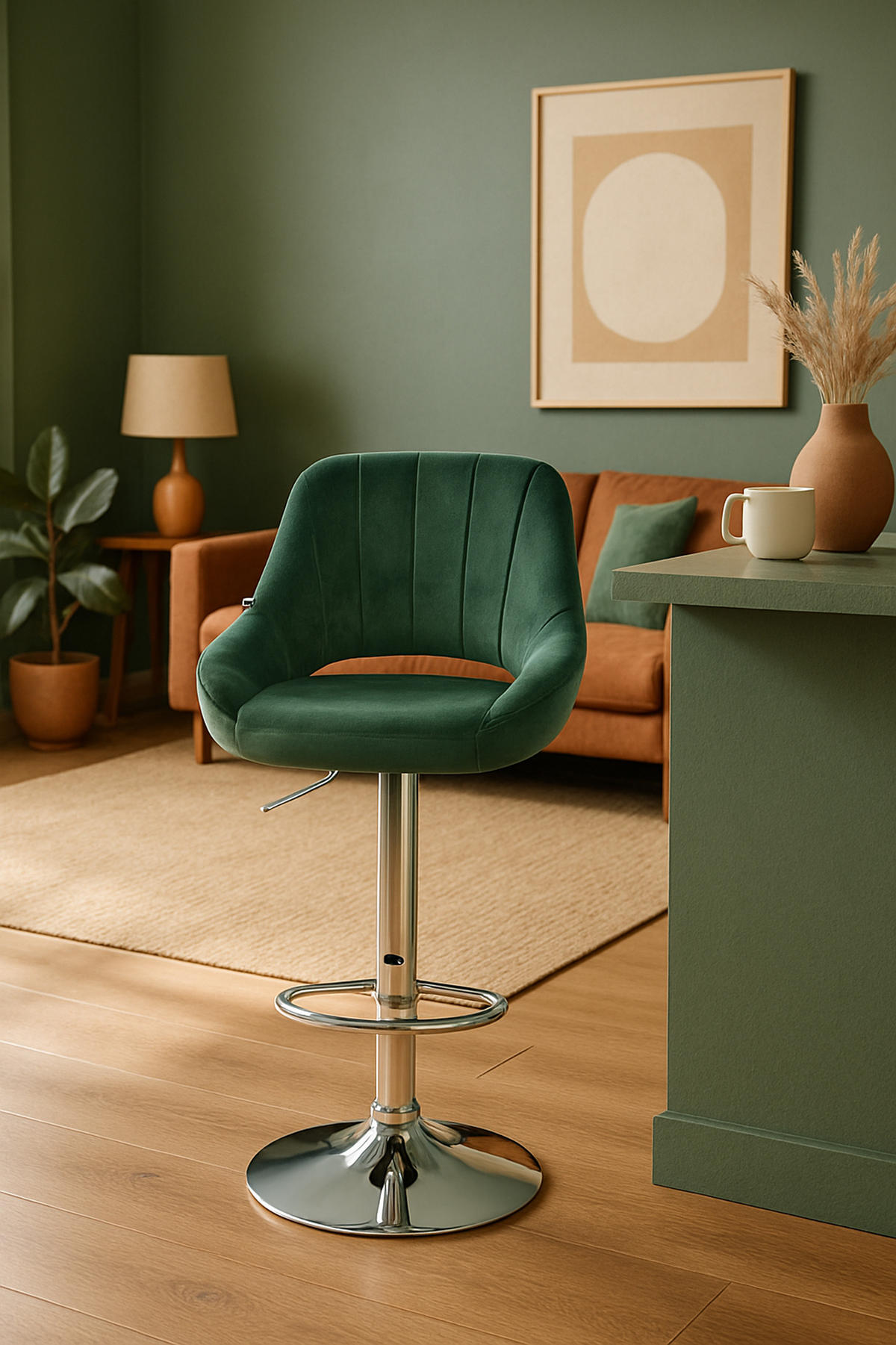 BARHOCKER Milos Samt chrom grün - Chromfarben/Grün, Textil/Metall (47/106/48cm) - TPFLiving