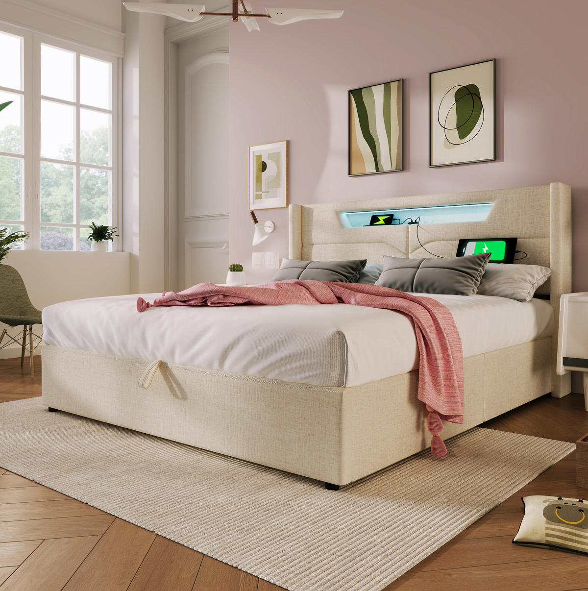 POLSTERBETT 140/200 cm Beige aus Leinen mit LED-Beleuchtung und USB-Ladefunktion mit Matratze - Beige, Textil (140/200cm) - OKWISH