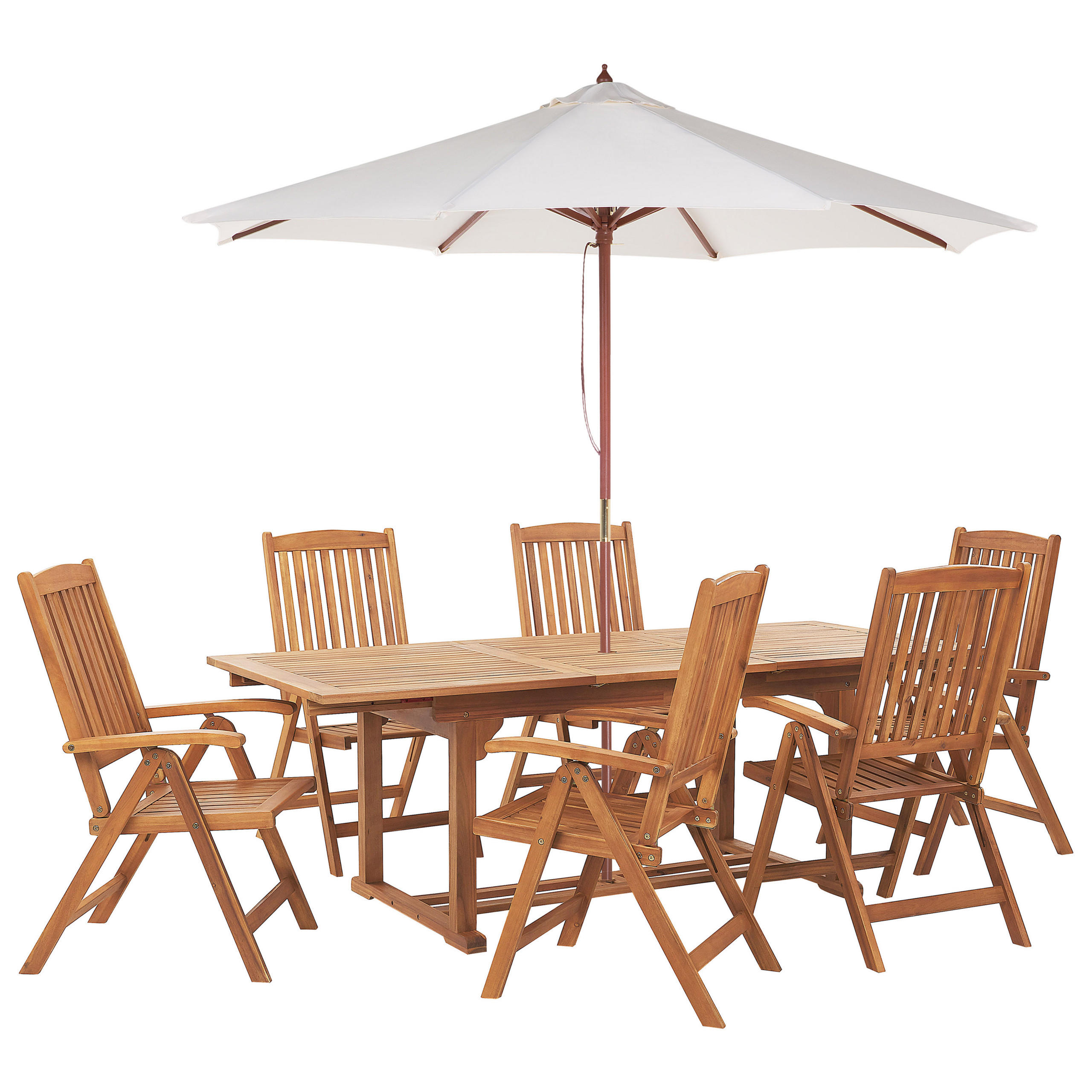 GARTENMÖBEL SET 6-Sitzer mit Sonnenschirm Akazienholz hellbraun Java - Hellbraun/Beige, Holz - Beliani