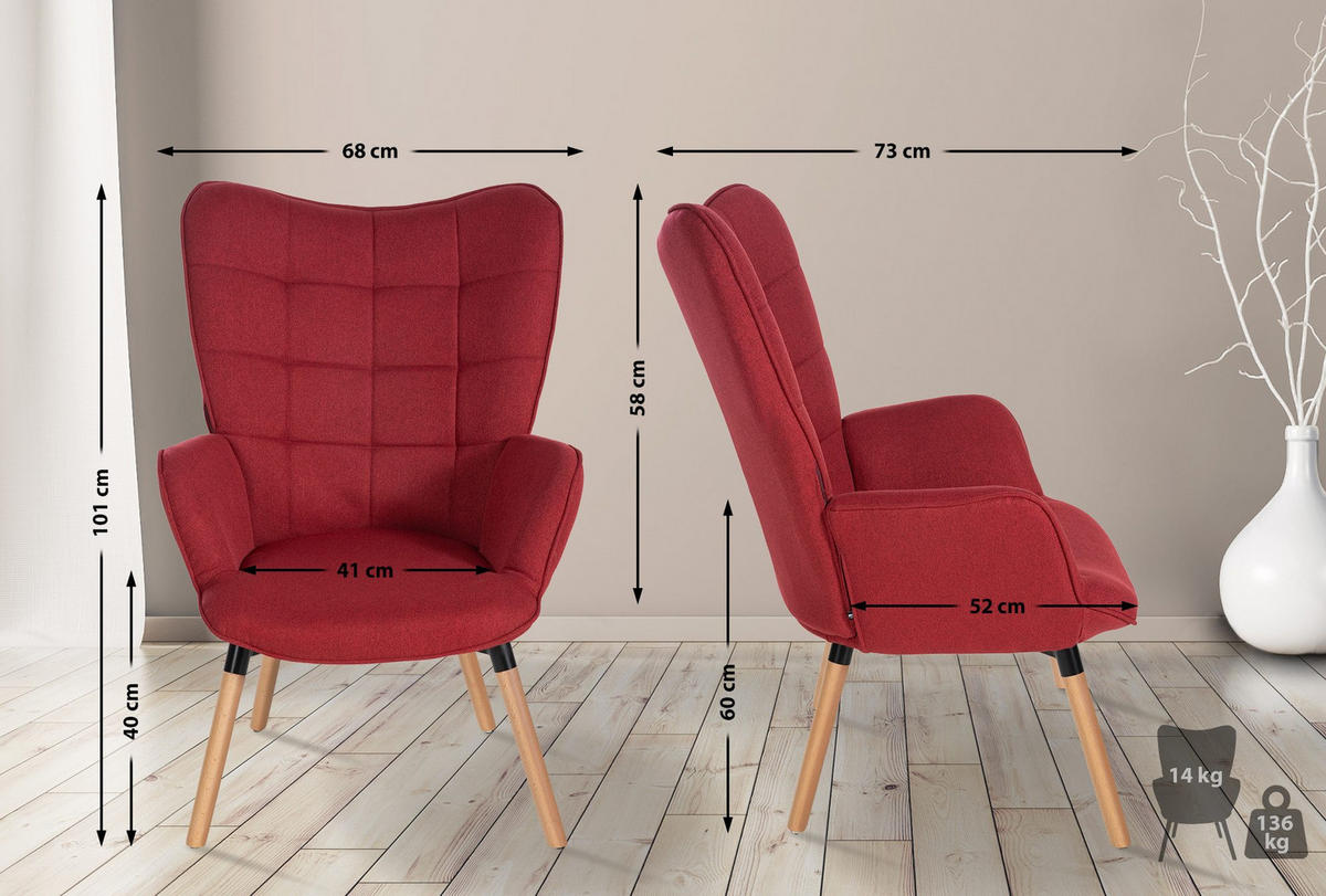 SESSEL Stoff rot - Eukalyptusholzfarben/Rot, Holz/Textil (68/101/73cm) - CLP