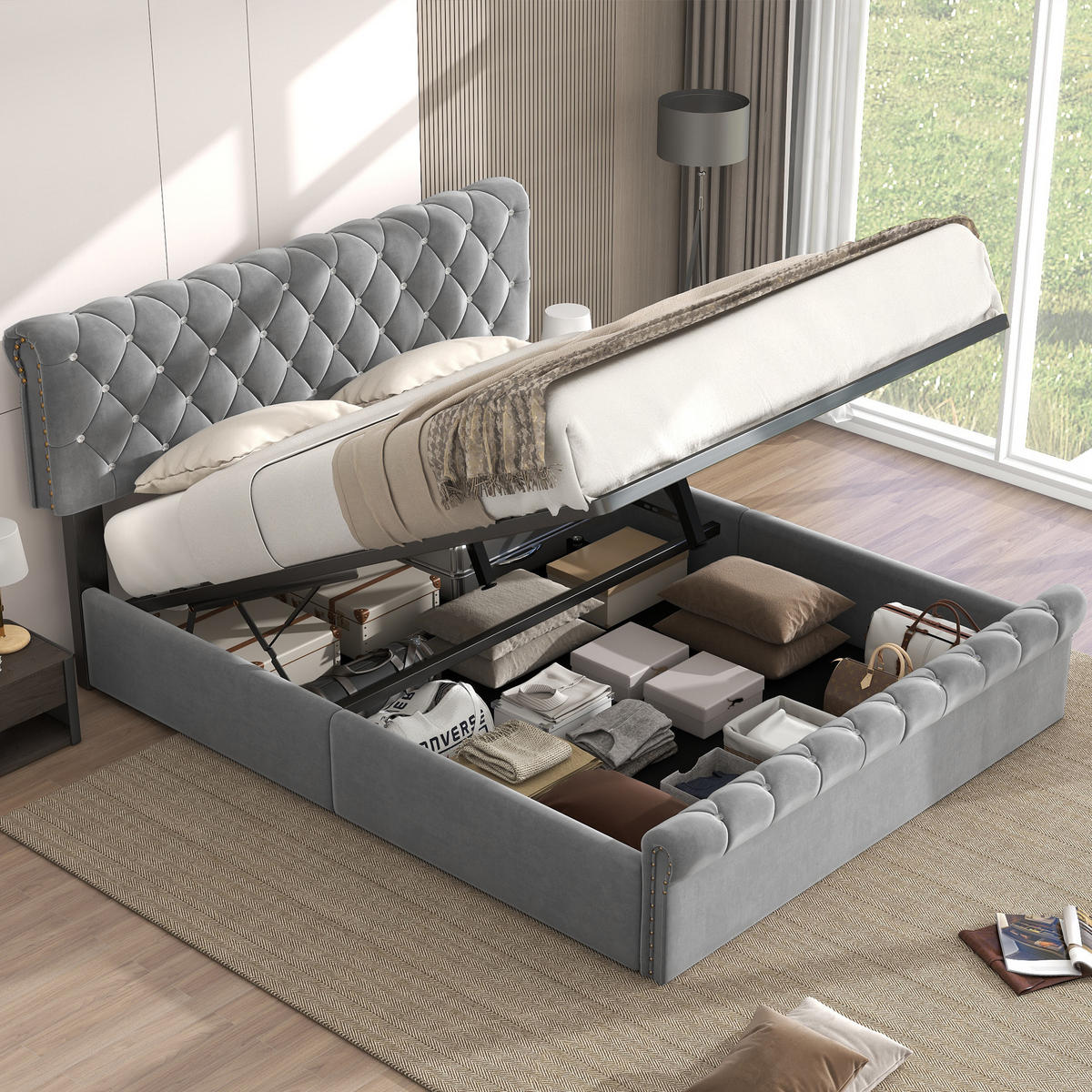 POLSTERBETT 140x200 Samt Hydraulisch Grau Kopfteil - Grau, Holz - FLIEKS