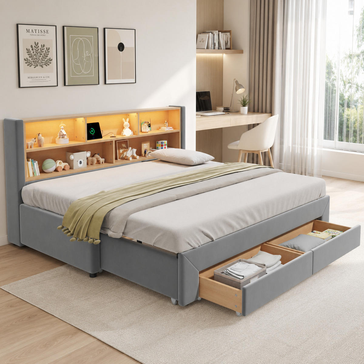 BETT 90/180/200 cm in Grau aus Samt mit LED-Beleuchtung und USB-/Type-C-Anschlüssen - Grau, Textil (180/200cm) - Flora Grace