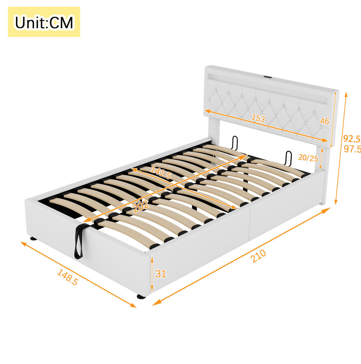 POLSTERBETT 140/200 cm mit LED-Beleuchtung, USB-C, USB-Anschluss und hydraulischem Stauraum, Weiß - Weiß, Textil (140/200cm) - Redom