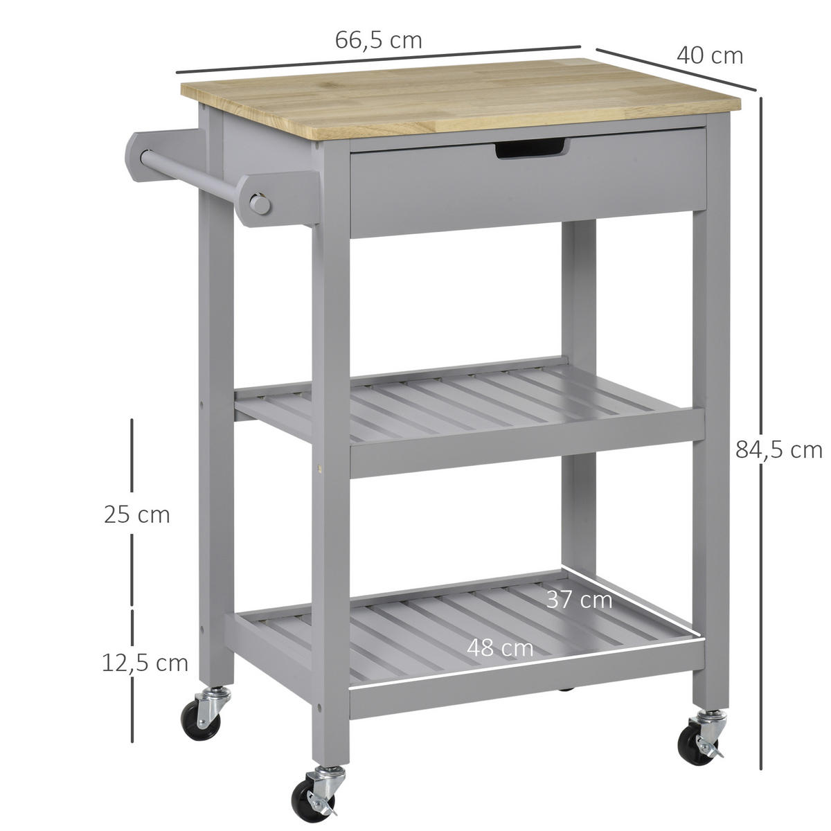 KÜCHENWAGEN, Rollwagen mit Gummibaumholz-Arbeitsplatte, 2 Ablagen und 1 Schublade - Multicolor, Metall (66.5/84.5/40cm) - FORIOUS