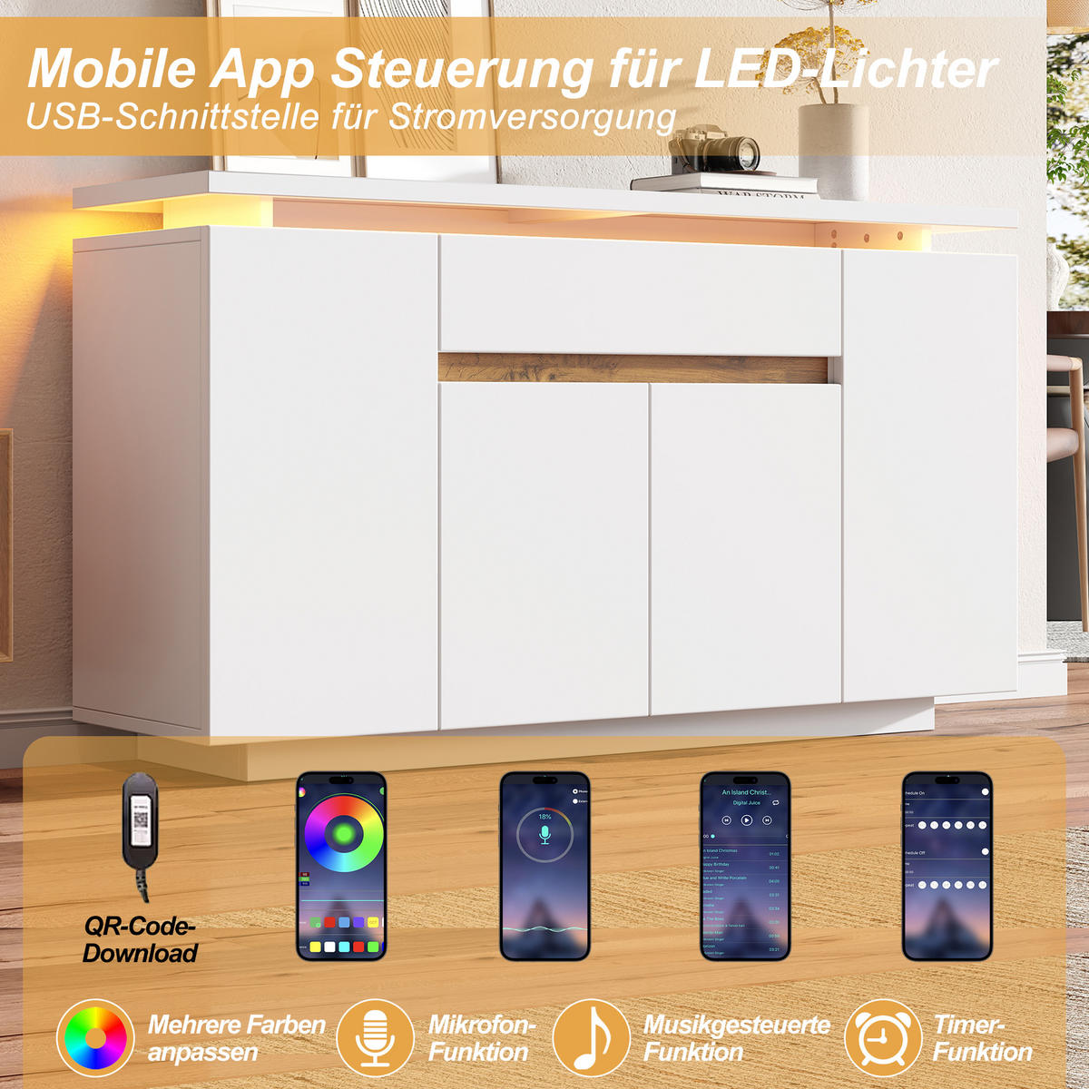 SIDEBOARD mit LED-Beleuchtung Weiß 140x40x80cm - Weiß, Holzwerkstoff (40/80/140cm) - FLIEKS