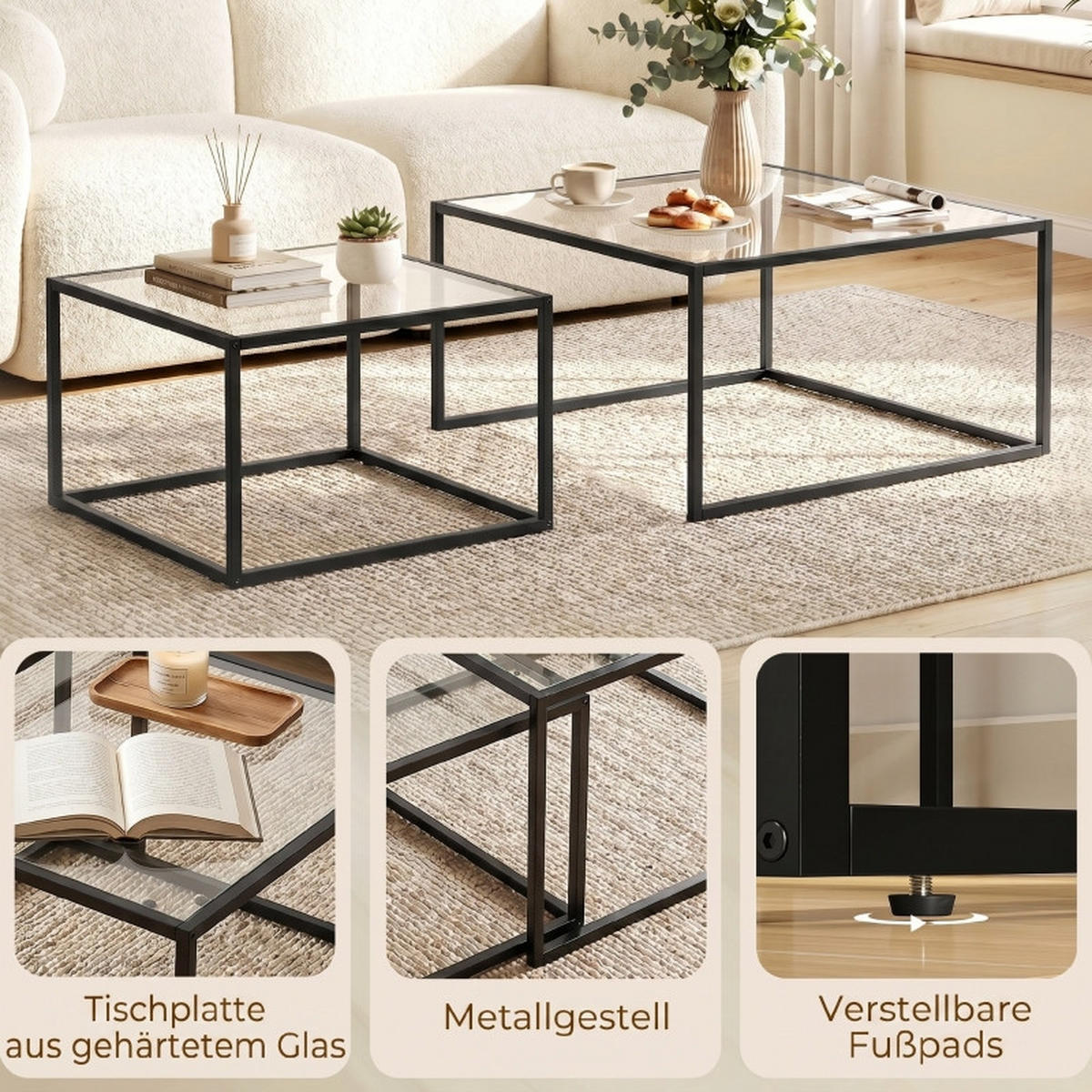 COUCHTISCH 2er-Set Runde Satztische mit Glasplatte DE-39930 Schwarz - Schwarz, Metall (75/75/42cm) - ComfortXL