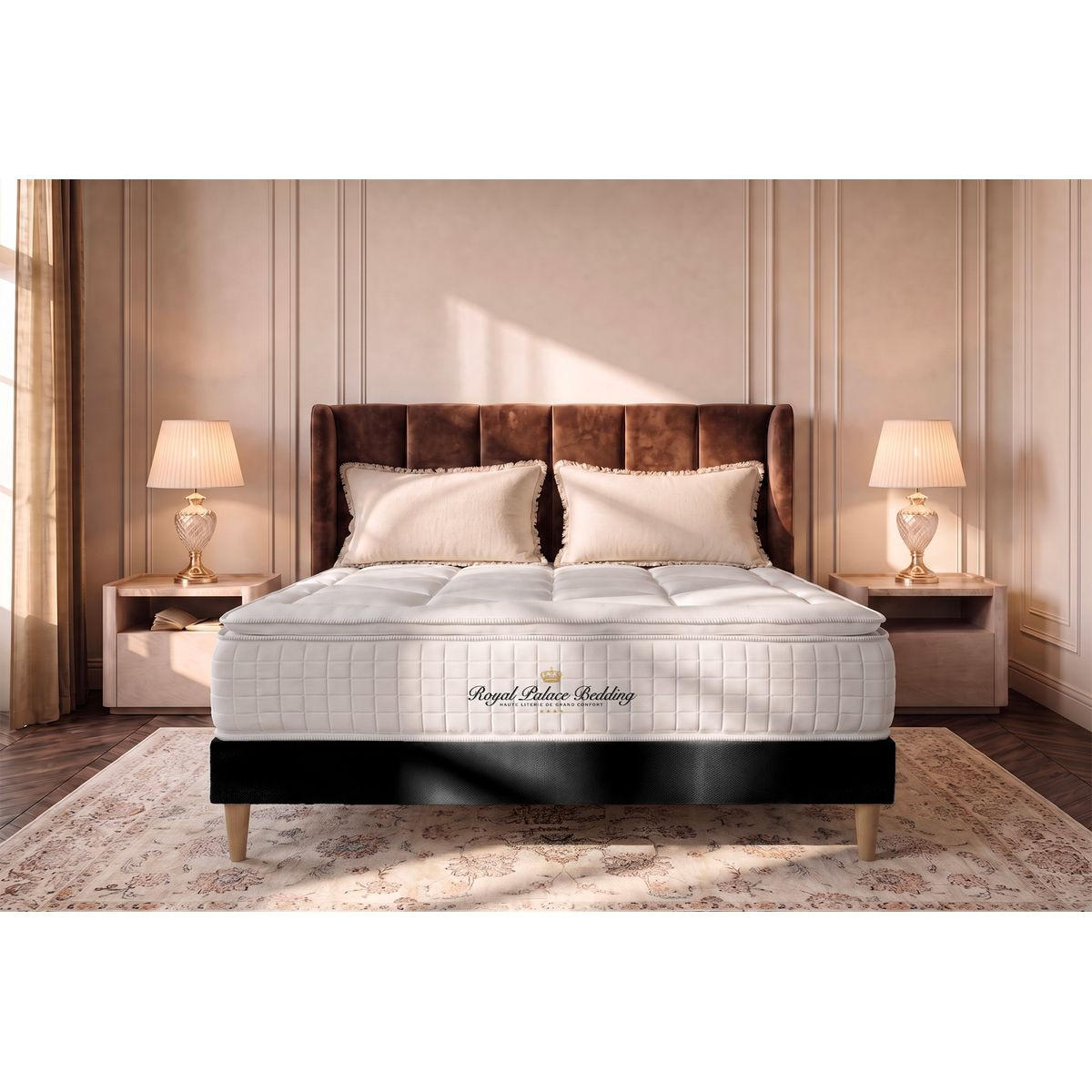 BETT George V Taschenfederkern und Memory-Schaum 90 x 200 cm h1 - Kit Bettgestell Schwarz - Beige/Schwarz, Karton/Holz (90/200cm) - ROYAL PALACE BEDDING