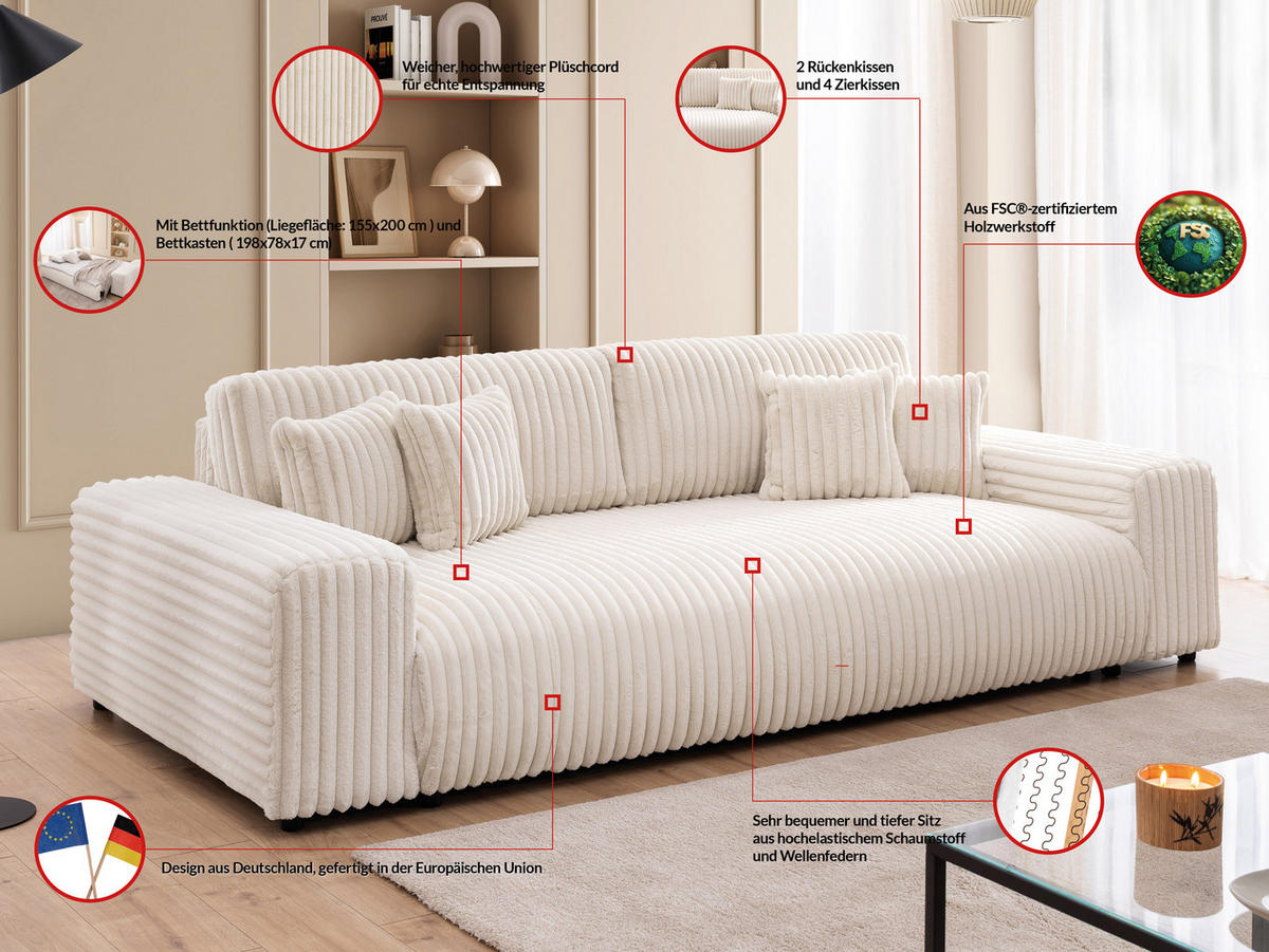 BIGSOFA Mollis Hellbeige Plüschcord mit Schlaffunktion - Beige/Schwarz, Holz/Kunststoff (260/77/124cm) - S-Style Möbel