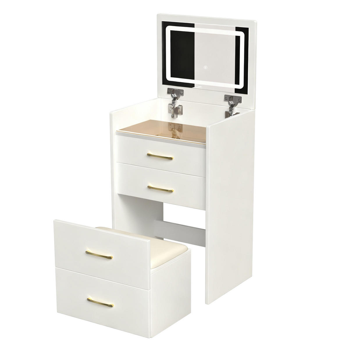 STOL za šminkanje, 60/40/118 cm, MDF bijeli, s ogledalom, tabureom i spremištem - bijela, drvni materijal (40/118/60cm) - BEAOK