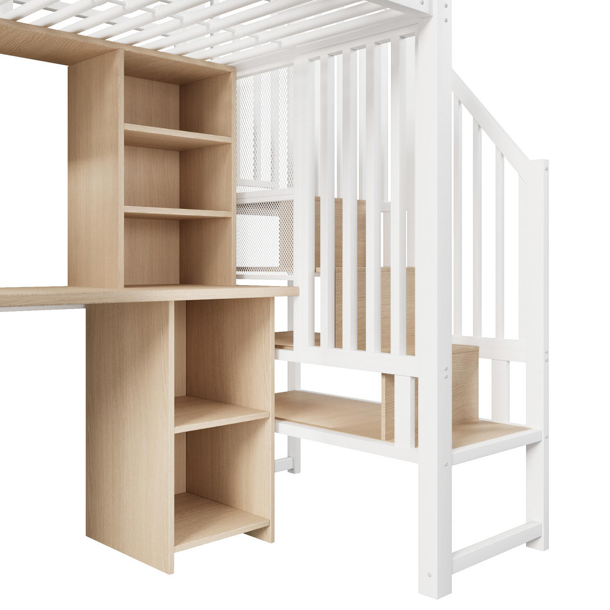HOCHBETT 90/200 cm DE-04543, mit Kleiderschrank, Schreibtisch und Stauraum-Treppe in Weiß - Weiß, Metall (90/200cm) - ComfortXL