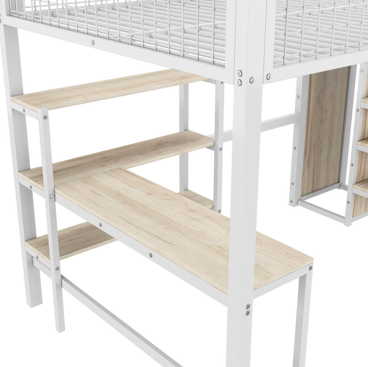 HOCHBETT aus Metall und MDF 140x200 cm Weiß mit Schreibtisch, Regalen und Kleiderschrank - Weiß, Metall (90/200cm) - Modfu