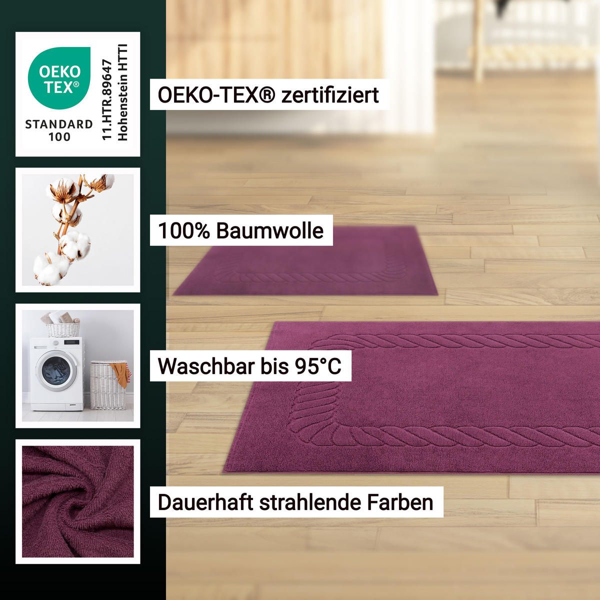 BADEMATTE, 2er-Set, 50x70 cm, 100% Baumwolle, Rot - Brombeere, Textil (50/70cm) - Zollner