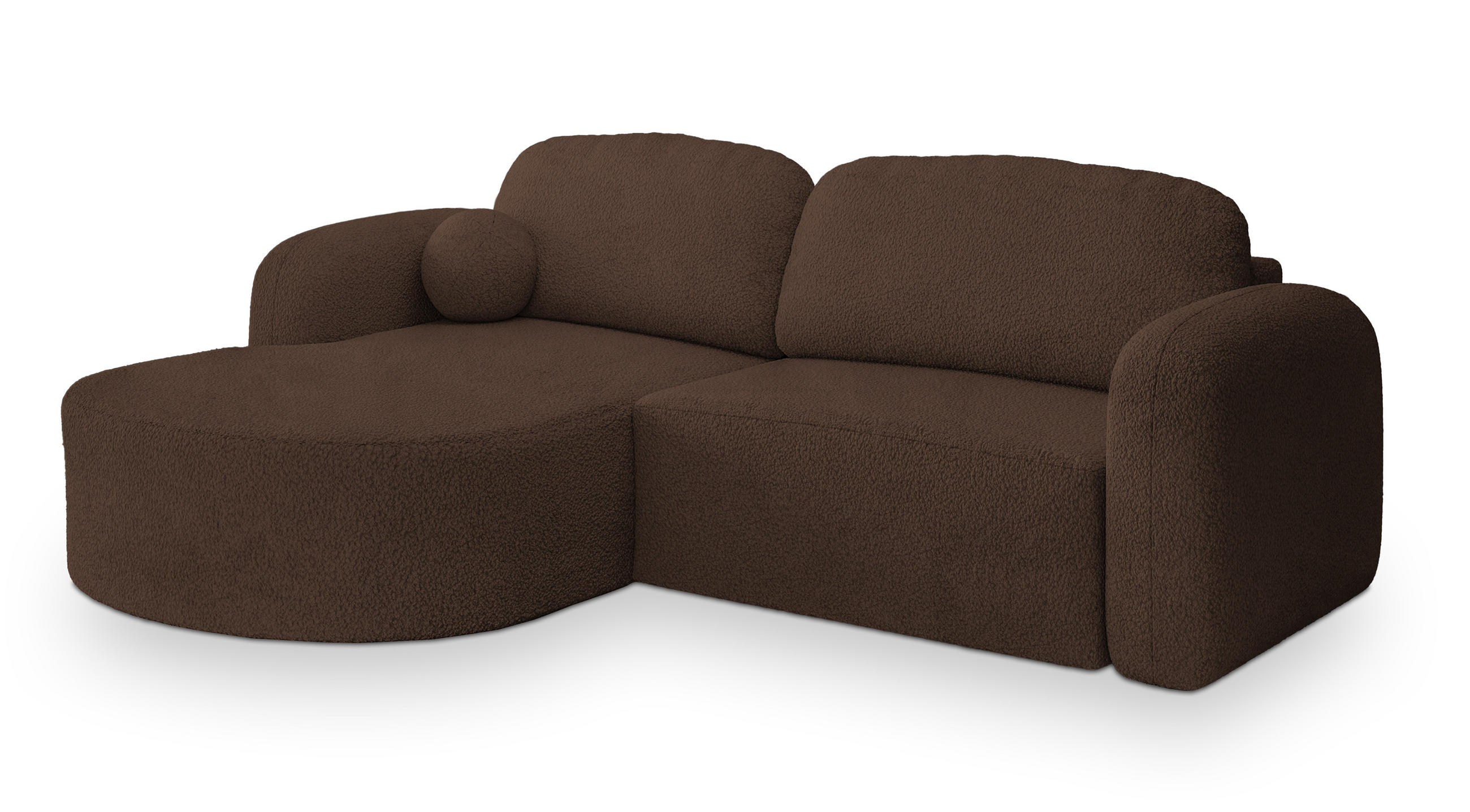 ECKSOFA AMILIA L-S Braun Boucle-Stoff mit Schlaffunktion - Braun, Holz (263/174cm) - MASSENO
