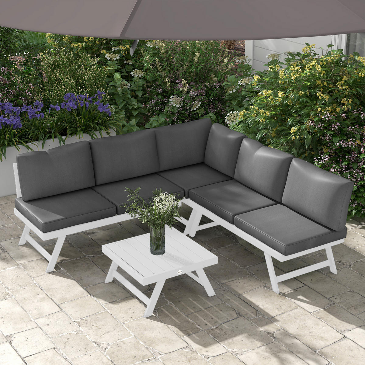 4-TEILIGE GARTENSITZGRUPPE DE-06588, 2 Zweisitzer, Ecksofa, Couchtisch Grau + Weiß - Grau, Holz/Textil - ComfortXL
