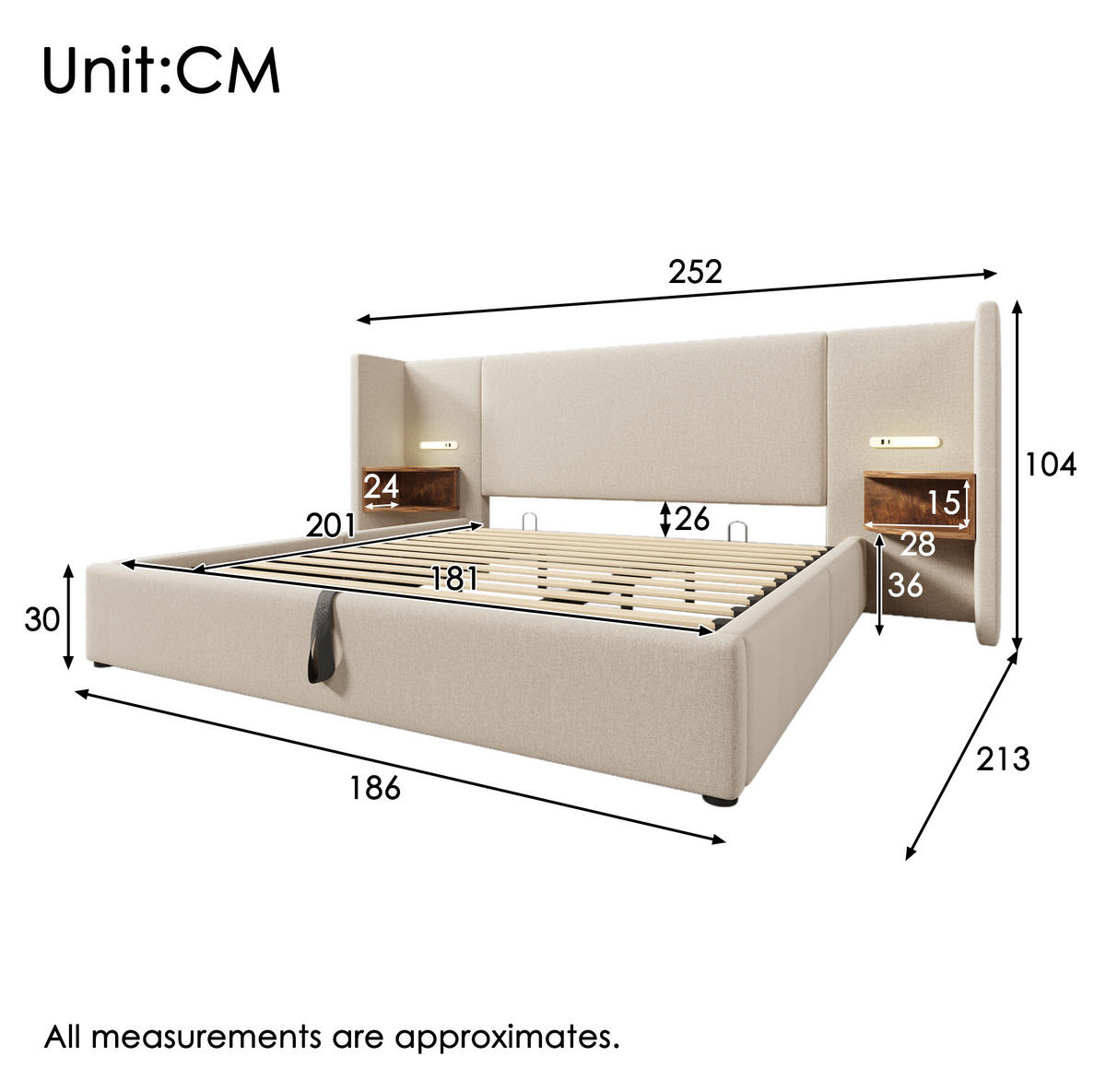 BETT mit Stauraum 180x200 cm Leinen Beige mit USB, Type-C und Leselicht - Beige, Metall (180/200cm) - Meubliv