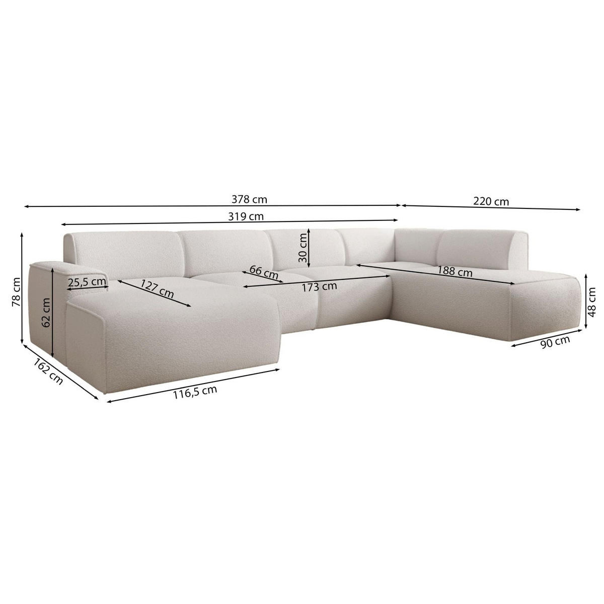 WOHNLANDSCHAFT Bouvi Hellbeige rechts - Ecru/Schwarz, Kunststoff/Textil (220/378cm) - Selsey