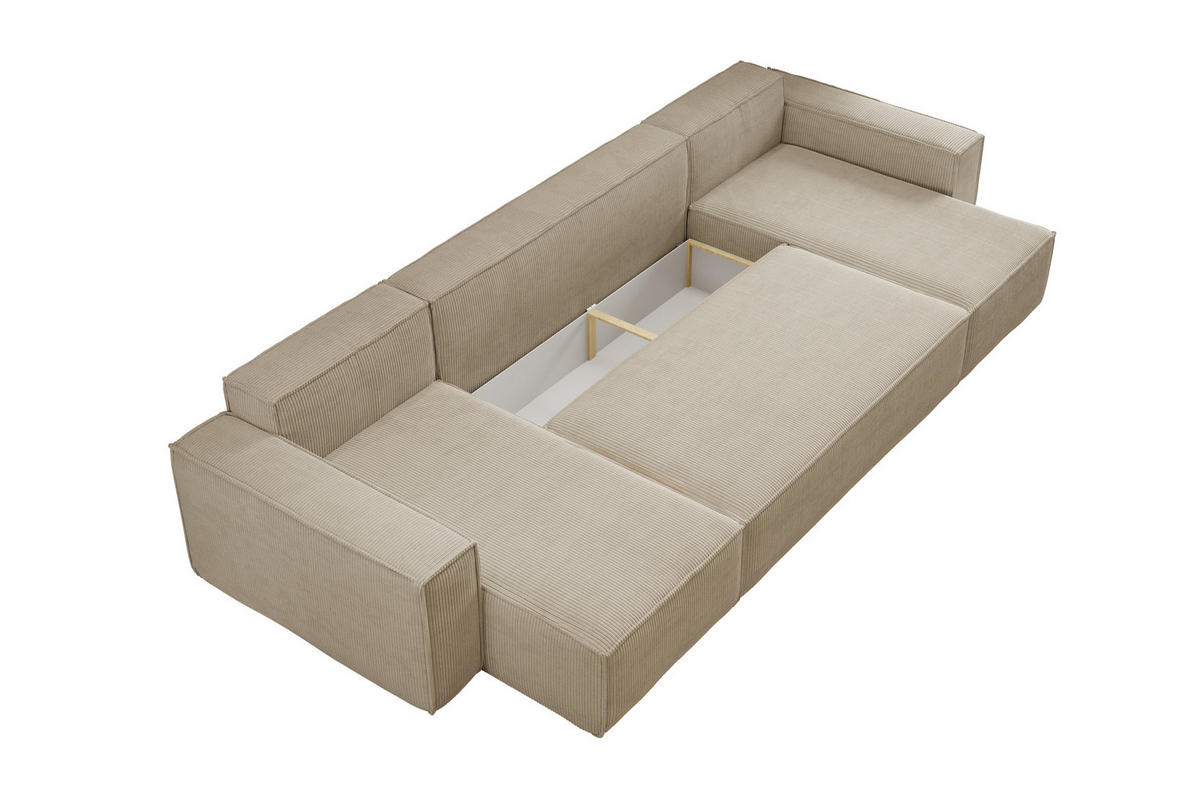 WOHNLANDSCHAFT Hugo U-Form Cordstoff mit Schlaffunktion und Bettkasten - Braun, Textil (312/83/142cm) - VENASI MÖBEL