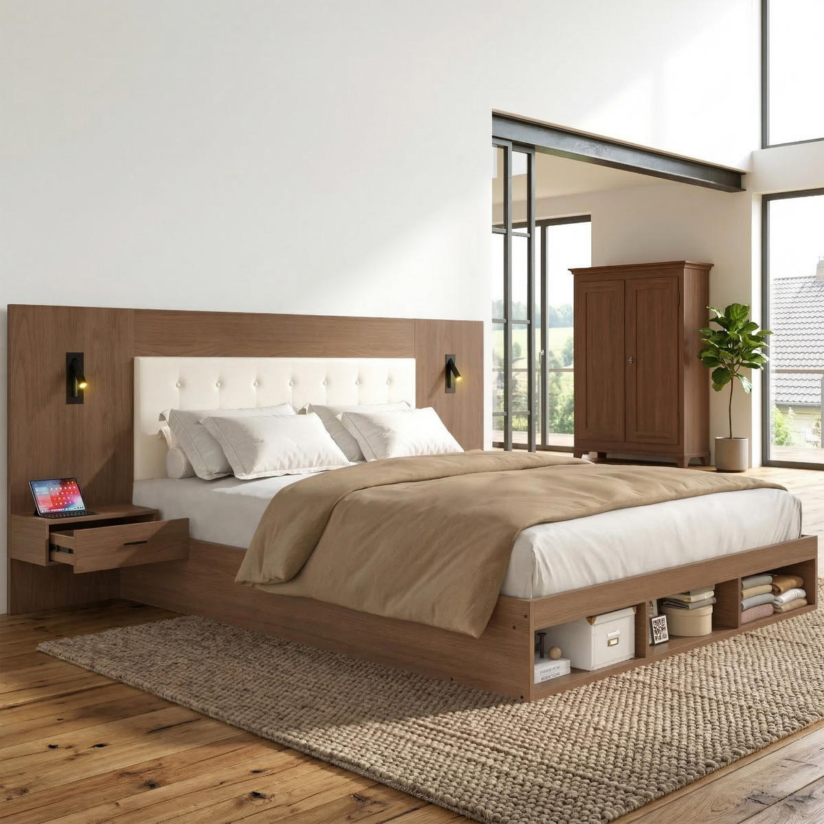 BETT 180/200 cm in Walnuss mit Ablagen, Leselampen und USB/Type-C MDF-Design - Walnussfarben, Holzwerkstoff/Metall (180/200cm) - STILVORA