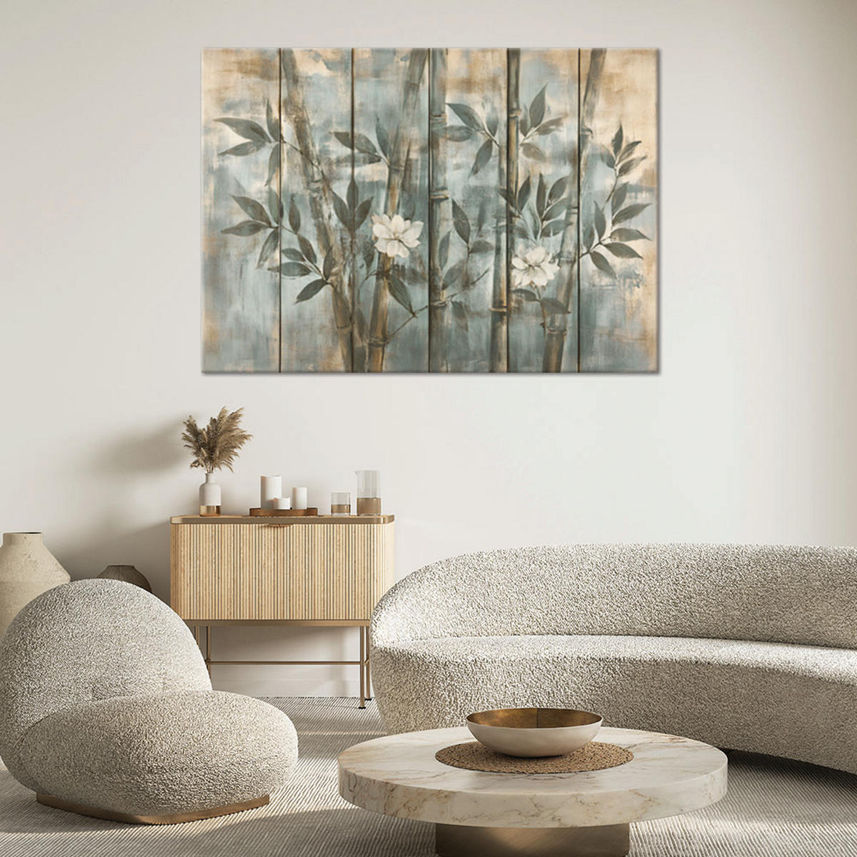 WANDBILD bambussprossen mit blumen auf einem strukturierten hintergrund - Blau, Textil (60/40cm) - Feeby