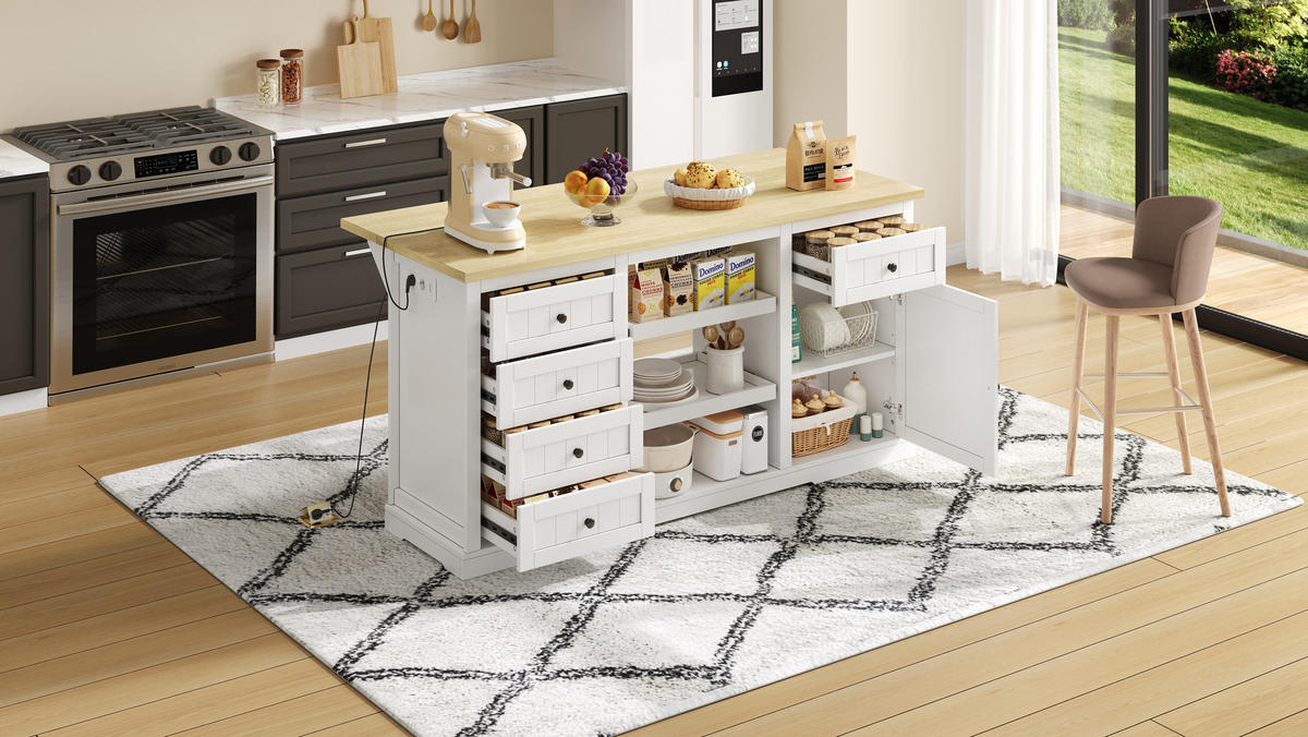 SIDEBOARD mit 5 Schubladen, 2 Ausziehböden und klappbarer Erweiterungsplatte, integrierte Steckdosen, 150/65/75 cm, Weiß und Natur - Weiß, Holzwerkstoff (150/75/65cm) - Redom