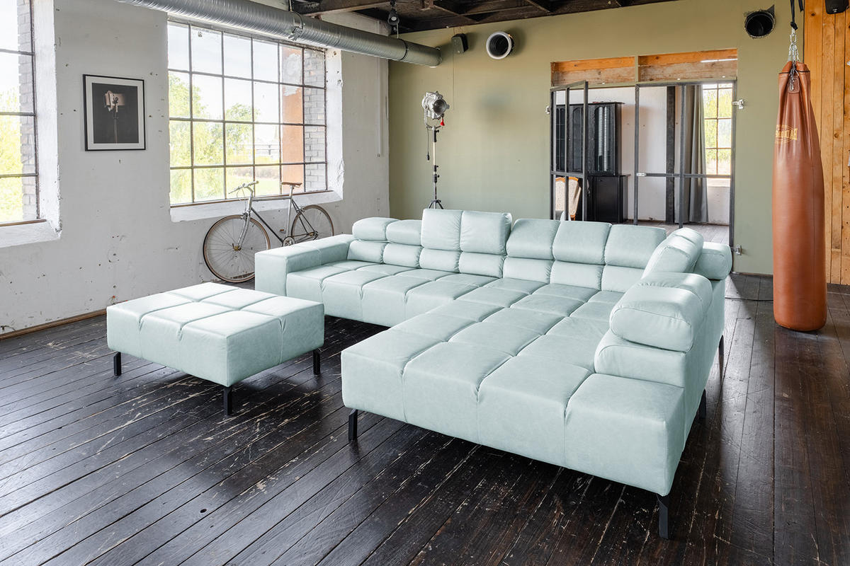 ECKSOFA NELSON Hellblau Leder Relaxfunktion - Schwarz/Hellblau, Leder/Metall (321/216cm) - KAWOLA