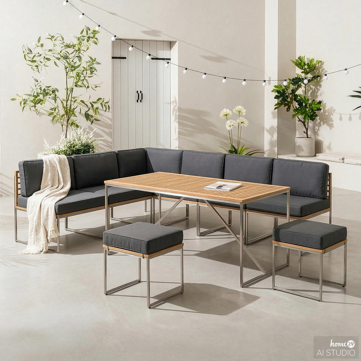 GARTENECKBANKGRUPPE - 9-teilig - Webstoff / Teak massiv - Grau / Braun - Hellgrau, Holz/Textil - home24