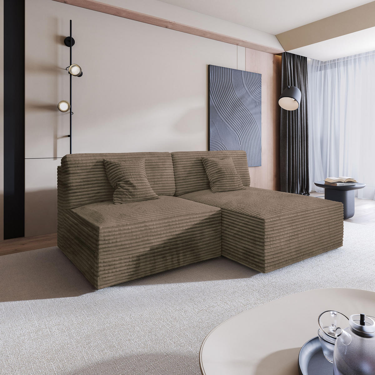 ECKSOFA FIORO Beige Kordstoff mit Schlaffunktion - Beige, Holz (204/148cm) - MASSENO