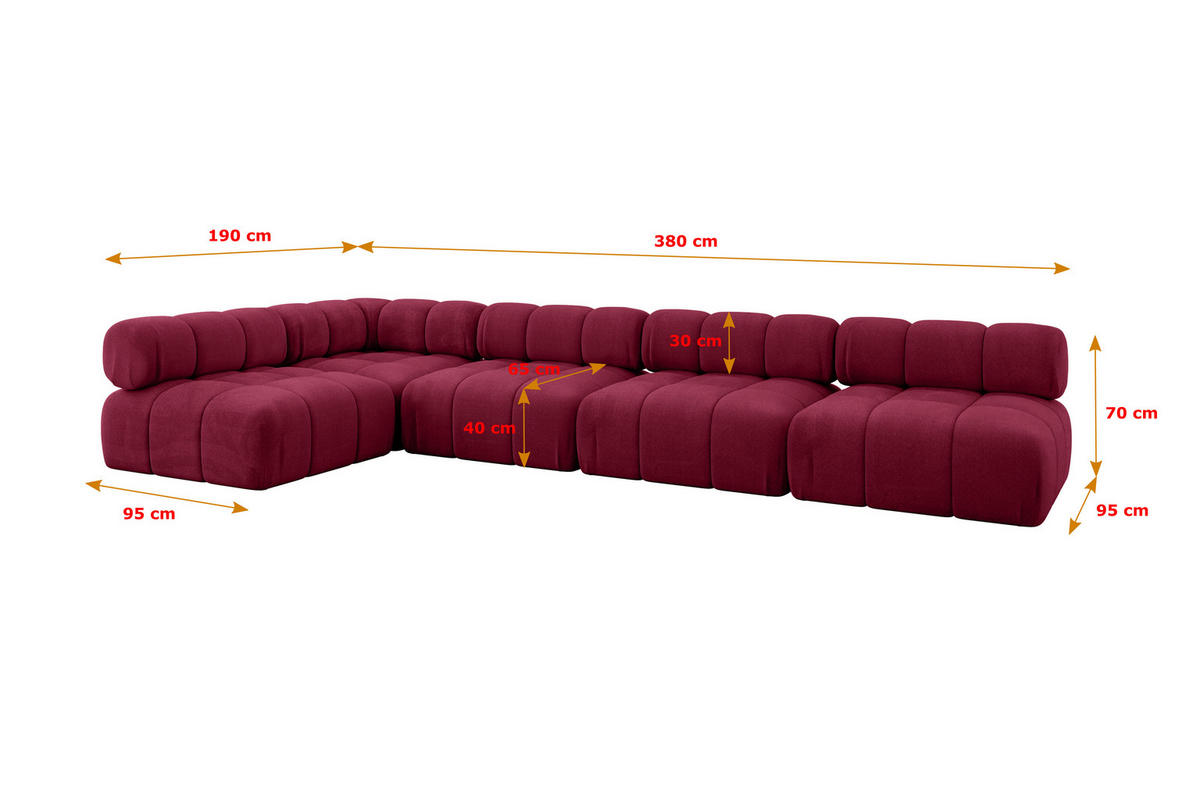 ECKSOFA modulares Sofa Samaro-L3 - 380x190x70 cm Bordeauxrot Velours - Bordeaux, Holzwerkstoff/Textil (380/190cm) - ALTDECOR