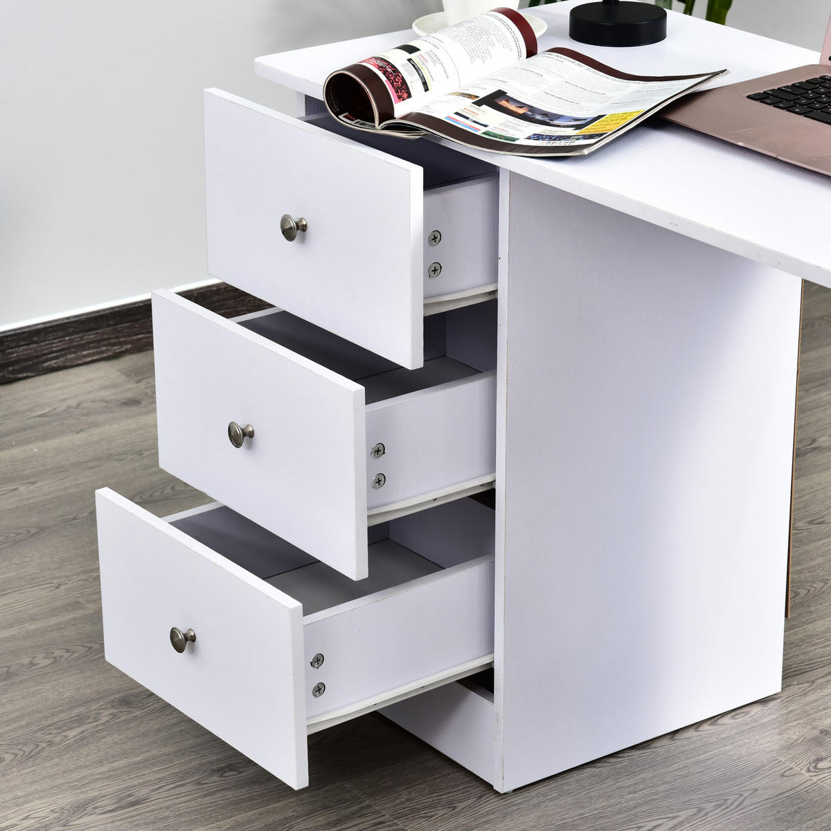 SCHREIBTISCH Weiß mit 3 Schubladen und 2 Regalfächern 120/49/72 cm - Weiß, Holz (49/120/72cm) - PANGIVO