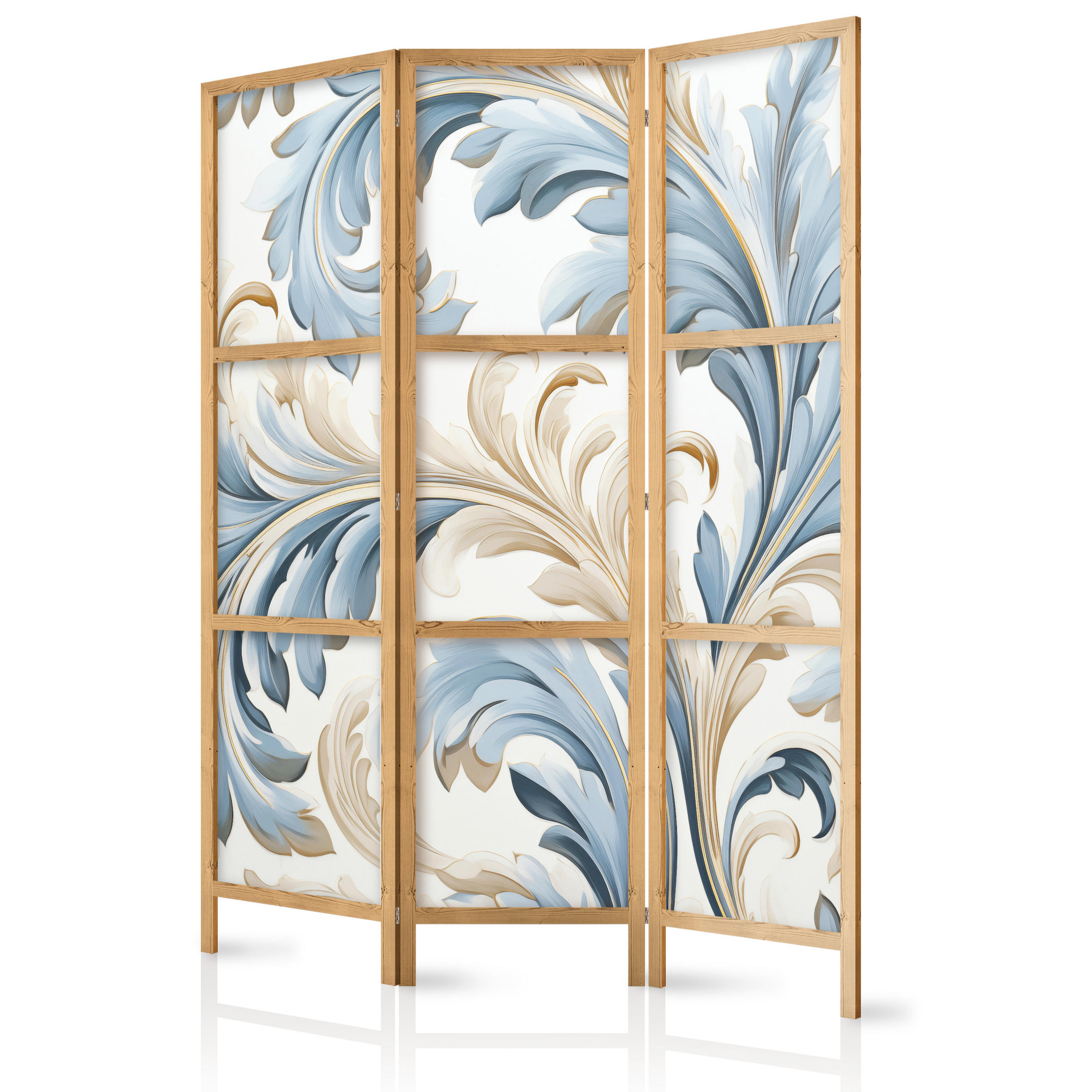PARAVENT Japanischer 3-tlg 135x172 cm Bl tter Ornamente - Blau, Holz/Textil (135/172/3cm) - Muralo