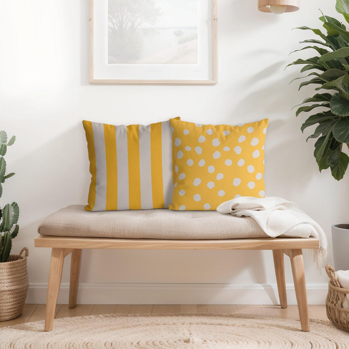 DEKOKISSEN 2er-Set Mighty Mango Punkte und Streifen Duo 50/50 cm - Gelb, Textil (50/50cm) - Bilderwelten