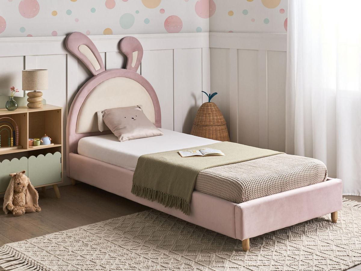 DĚTSKÁ POSTEL Králíček Sametová látka 90/200 cm Růžová Lallias - bílá/růžová, textil (90/200cm) - Beliani