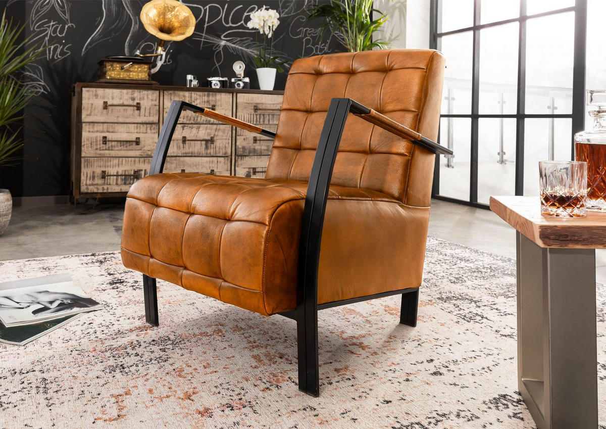 SESSEL Echtleder 64x76x83 cognac IRON LABEL #13 - Braun, Leder (64/83/76cm) - Massivmoebel24